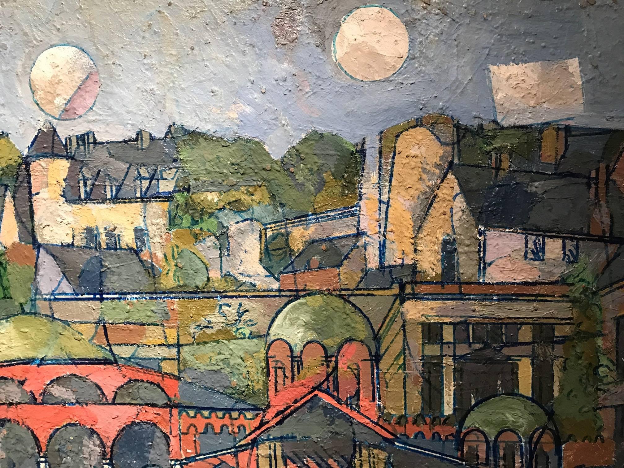 Großes französisches geometrisches abstraktes Ölgemälde Blick auf eine Townes - Listed Artist (Geometrische Abstraktion), Painting, von Jean Besnard