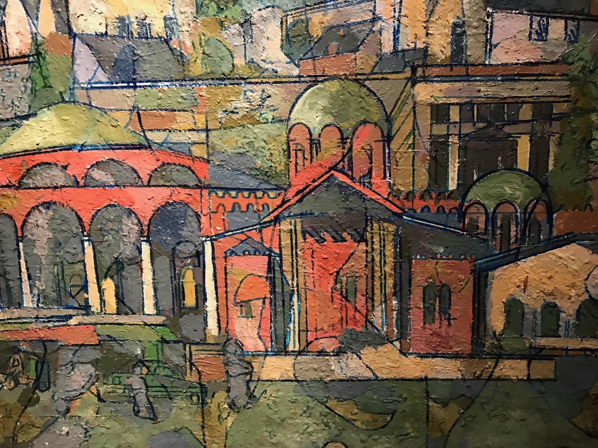 Großes französisches geometrisches abstraktes Ölgemälde Blick auf eine Townes - Listed Artist (Grau), Landscape Painting, von Jean Besnard