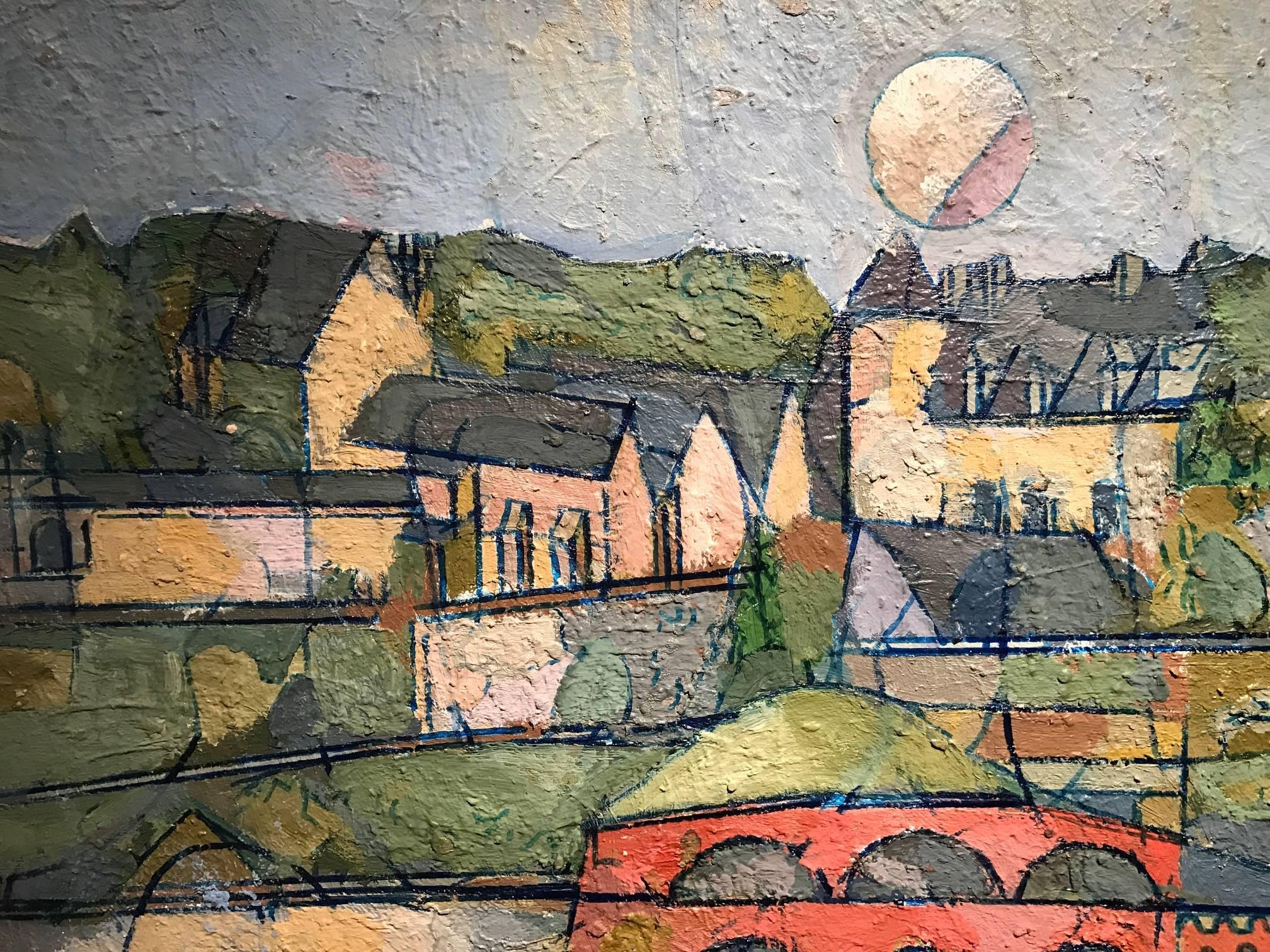 Großformatiges Original-Ölgemälde von hervorragender Qualität des französischen abstrakten Künstlers Jean Besnard (1922-2007).

Ein atemberaubendes Beispiel für das Werk dieses Künstlers, das die kubistisch-abstrakte Konstruktion einer Stadt