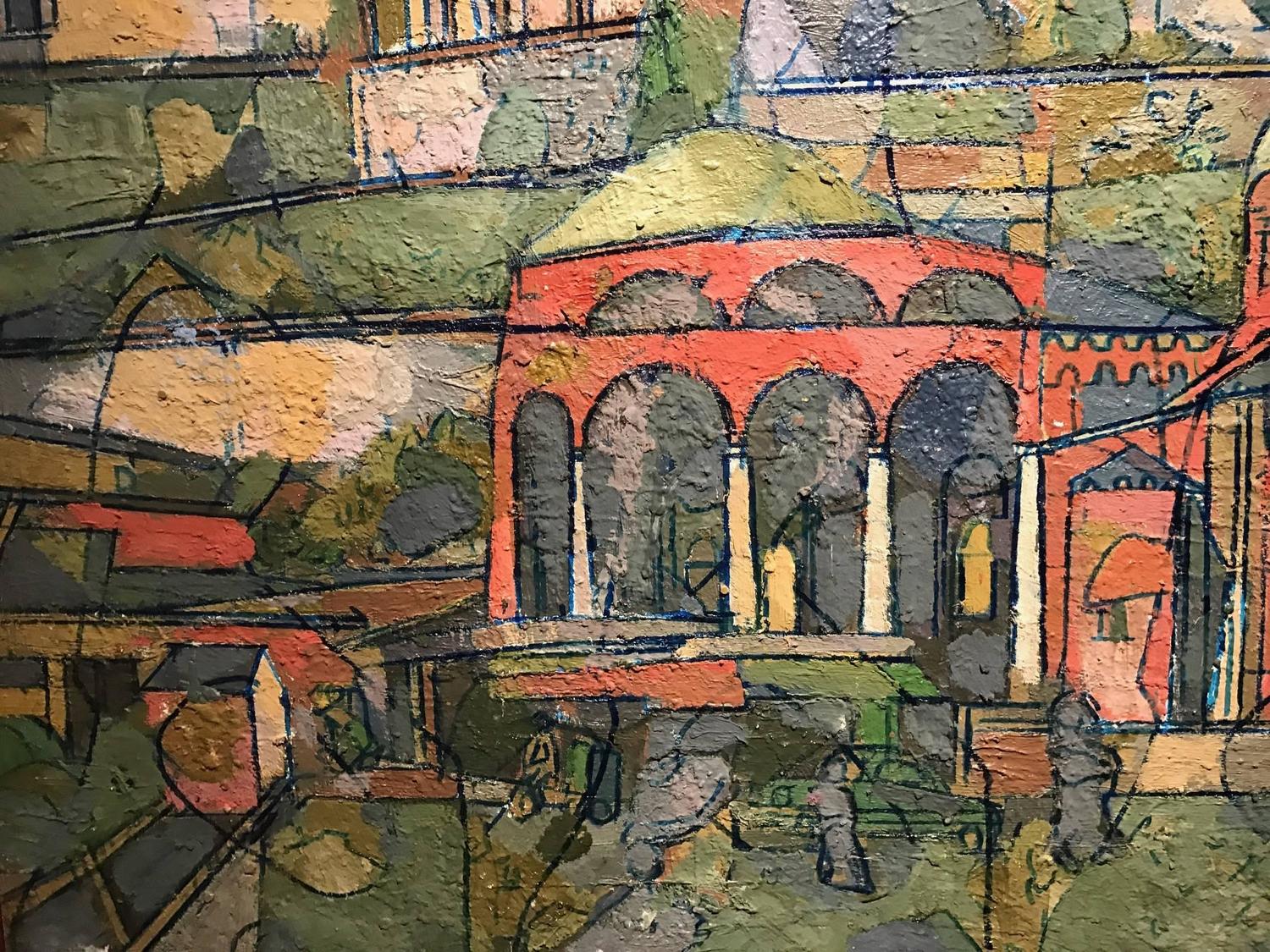 Jean Besnard Large French Geometric Abstract Oil Painting View of a Town Listed Artist at