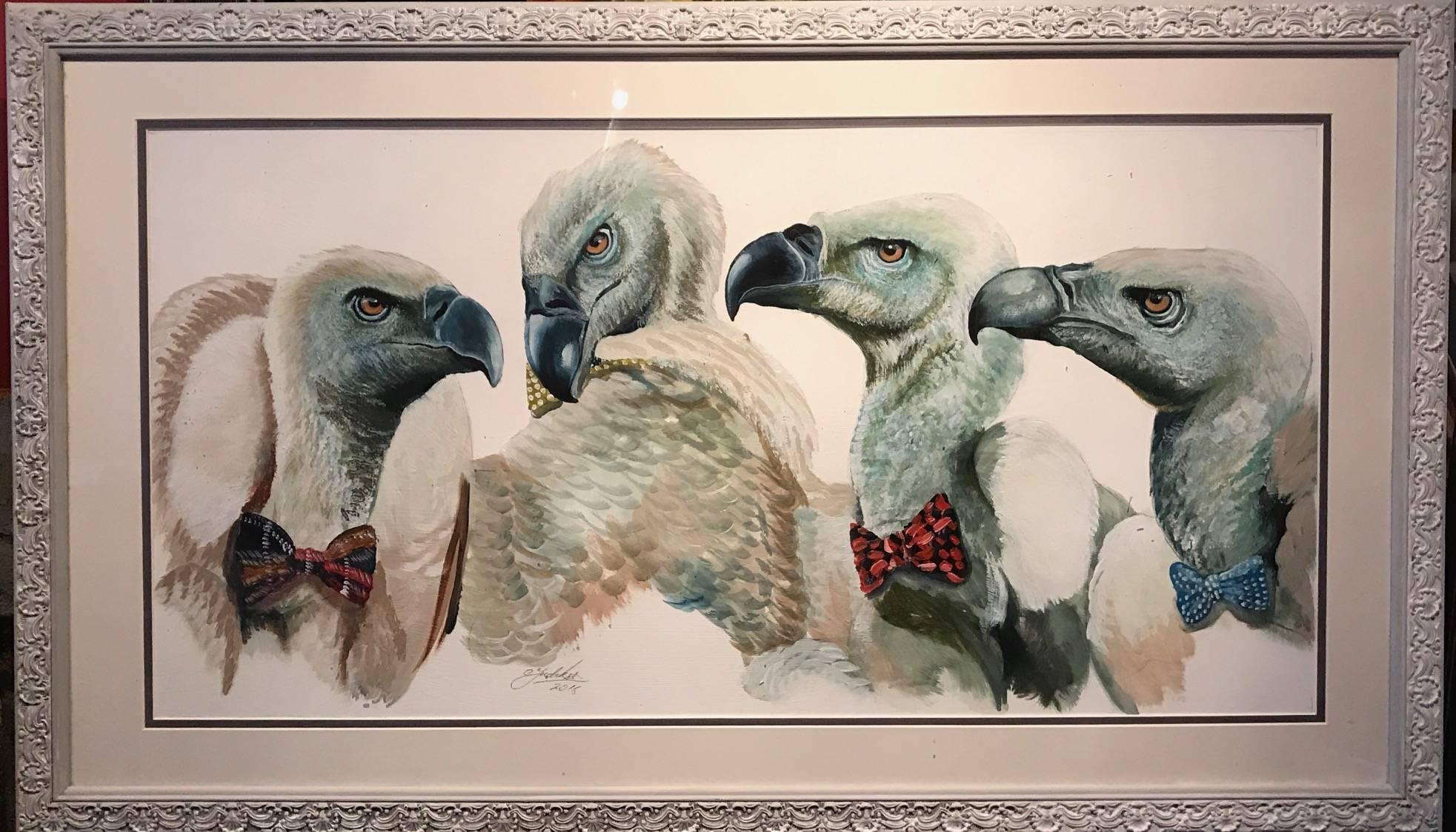 Mitglieder des Vorstands – Original signiertes Gemälde von Vulturen (Naturalismus), Painting, von Clive Fredriksson