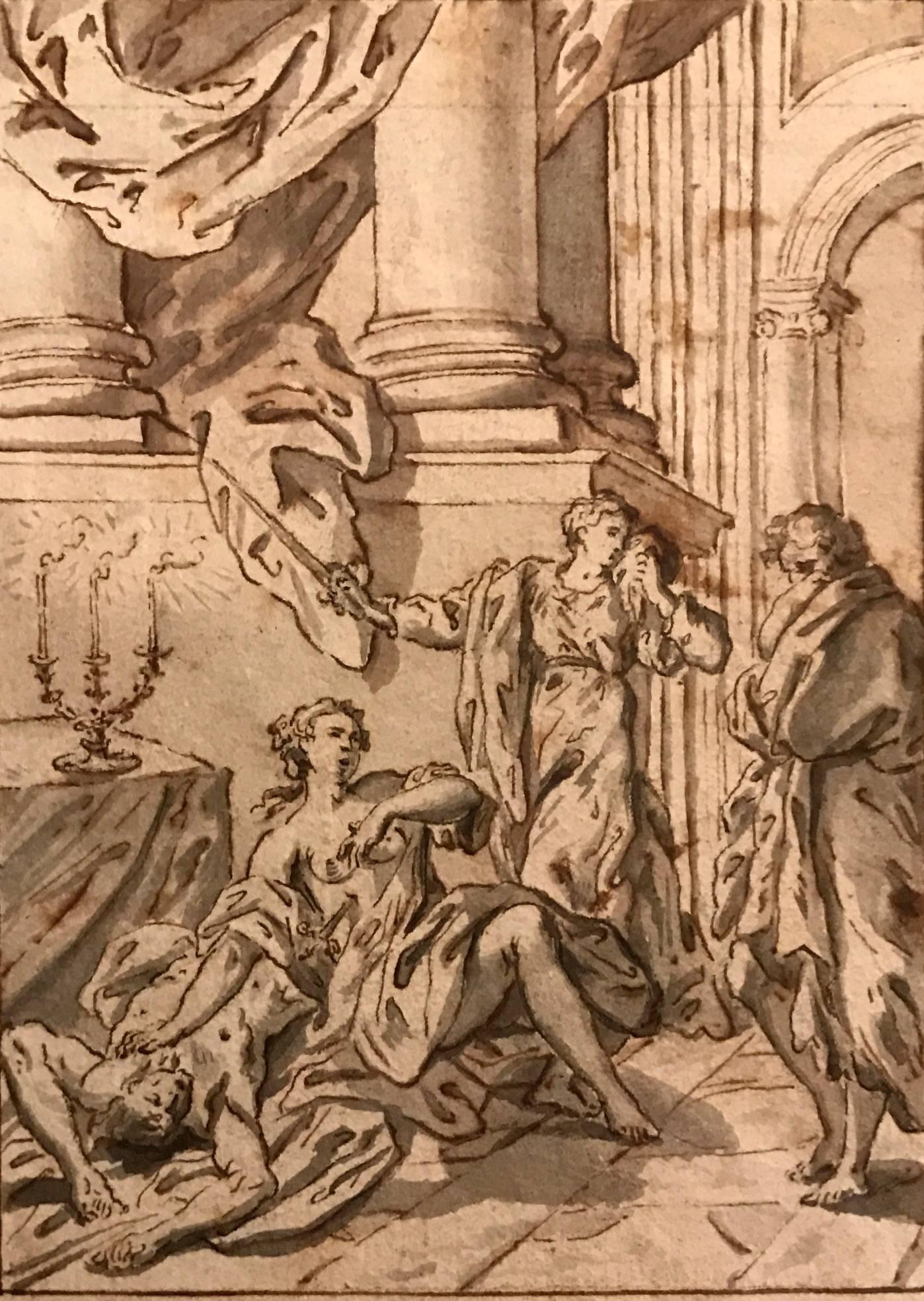 1700's Italian Baroque Old Master Drawing - Death of Lucretia - Sebastiano Ricci - Art by Unknown