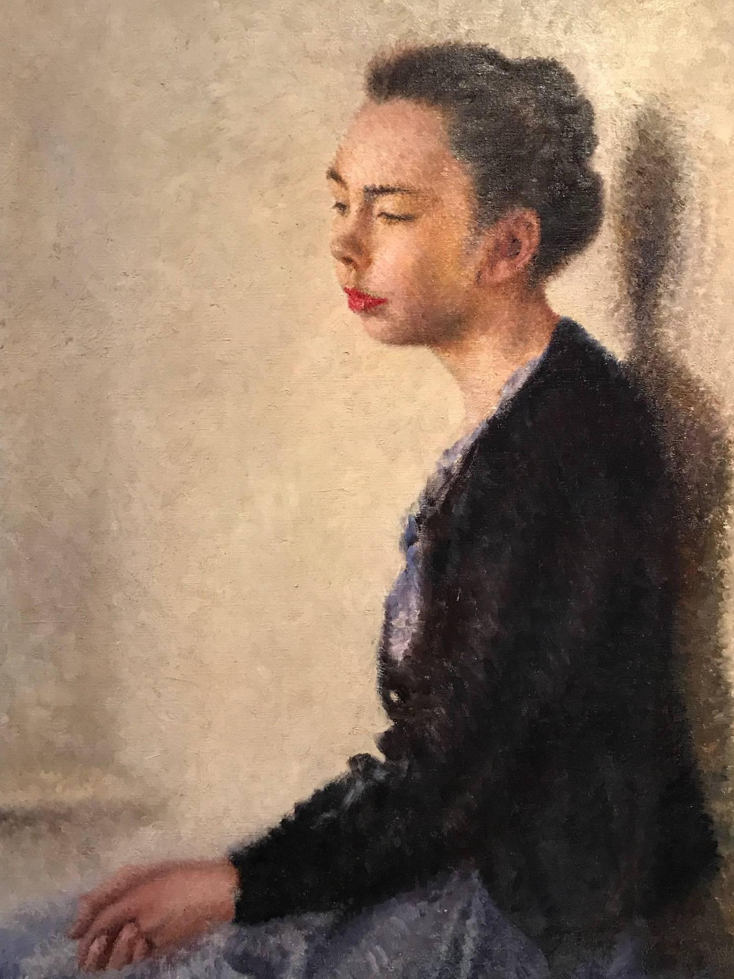 Portrait of a Lady - Mid 20th Century British Impressionist Oil Painting - Beige Portrait Painting by Unknown