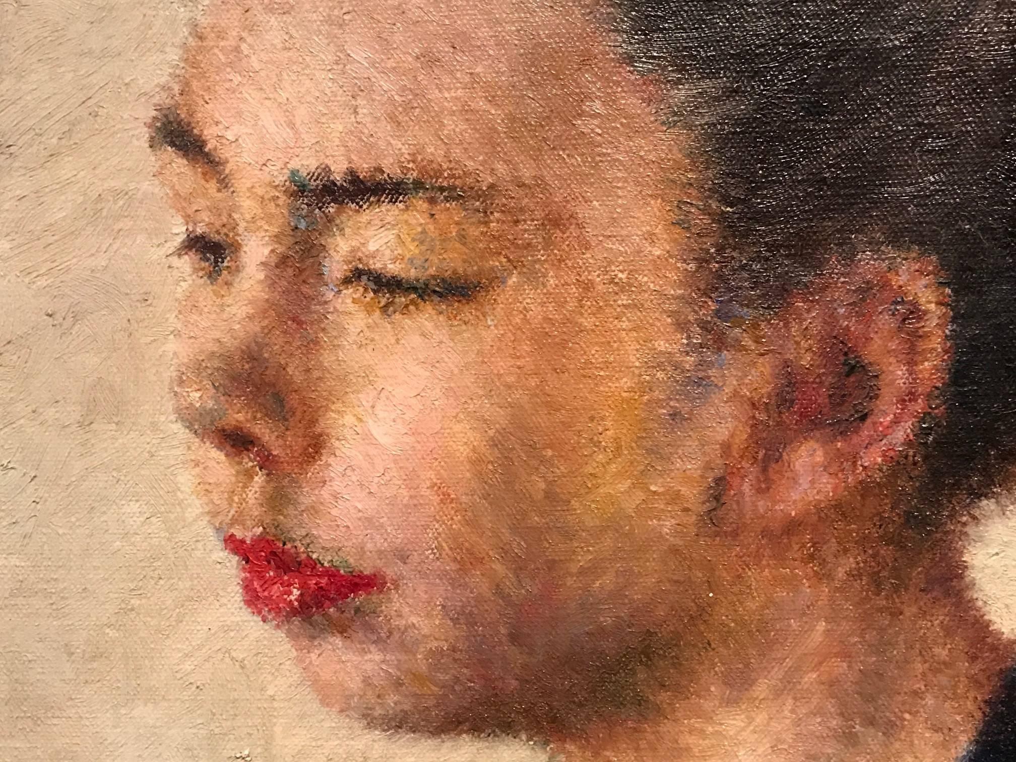 Beautiful portrait of a young lady, seated in pensive thought. The work is of English authorship and dates to the mid 20th century - circa 1950's period. 

Painted with delightful Impressionist brushwork, with warm palette and sensitive handling,