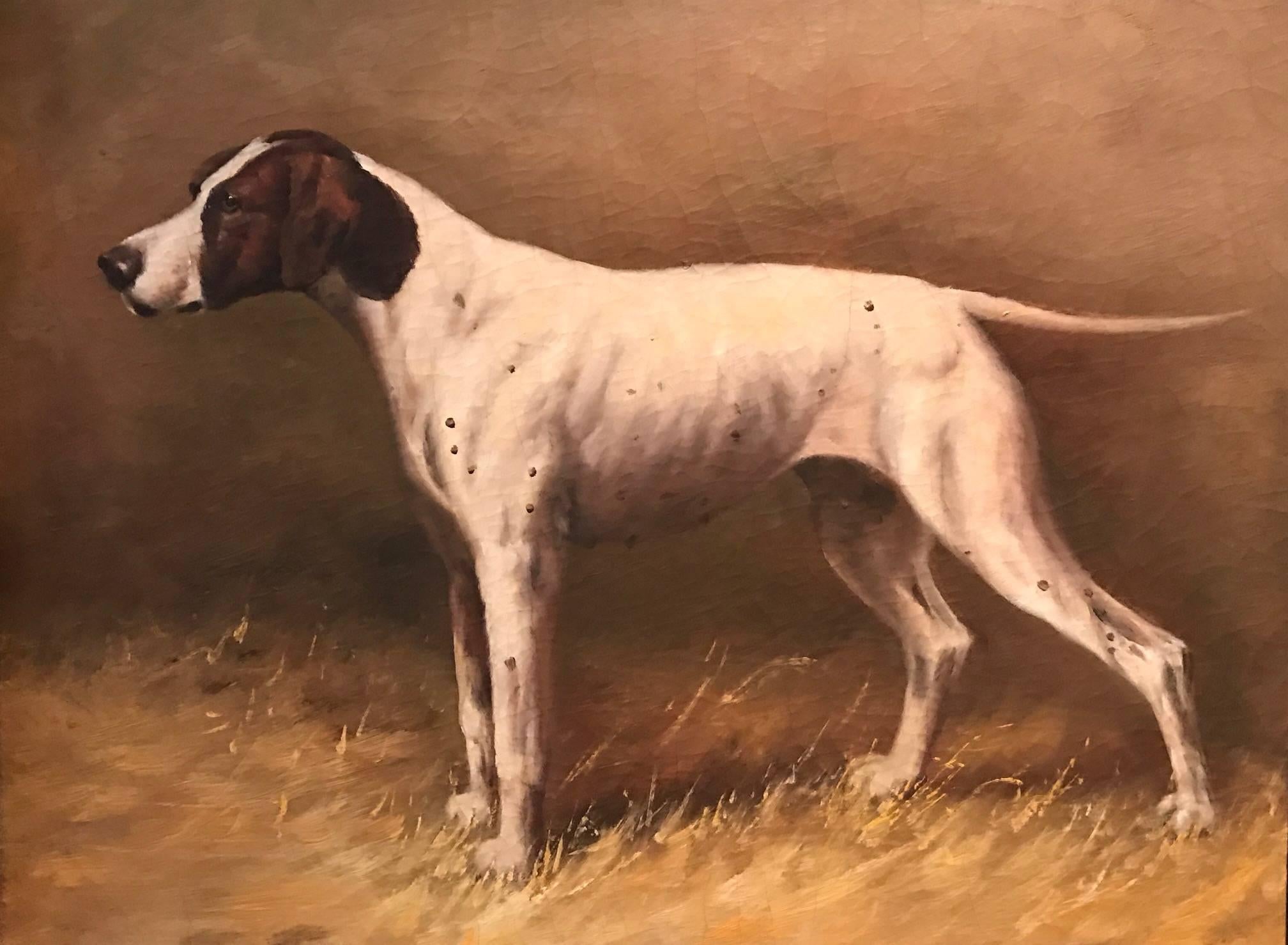 Unknown Fine English Oil Painting Pointer Dog in Kennel Interior at