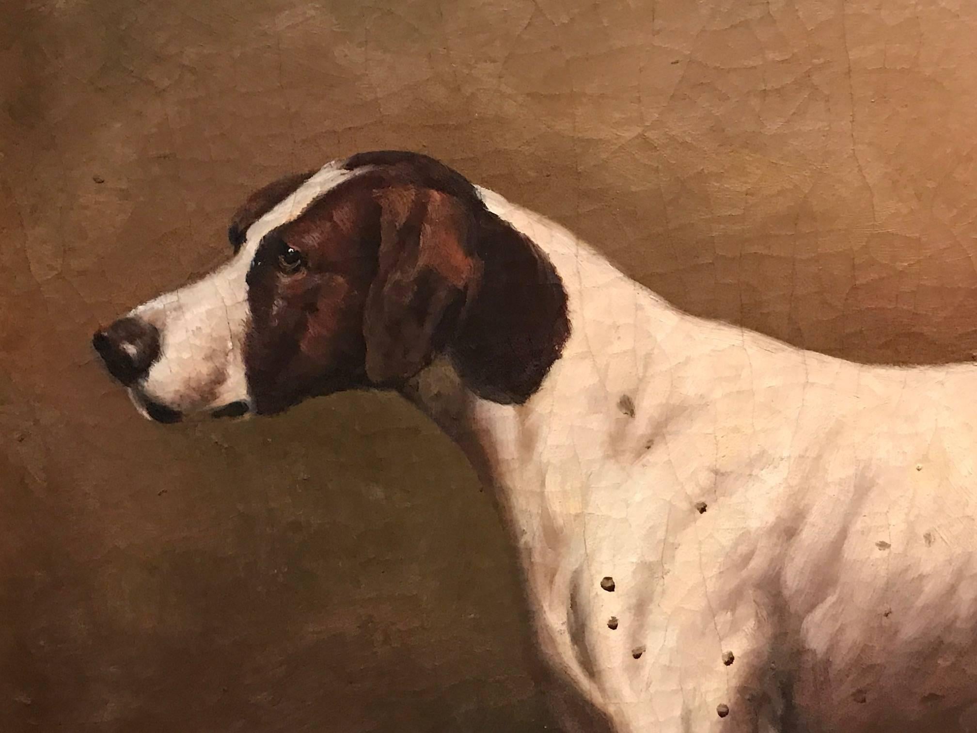 Fine English Oil Painting - Pointer Dog in Kennel Interior - Brown Animal Painting by Unknown