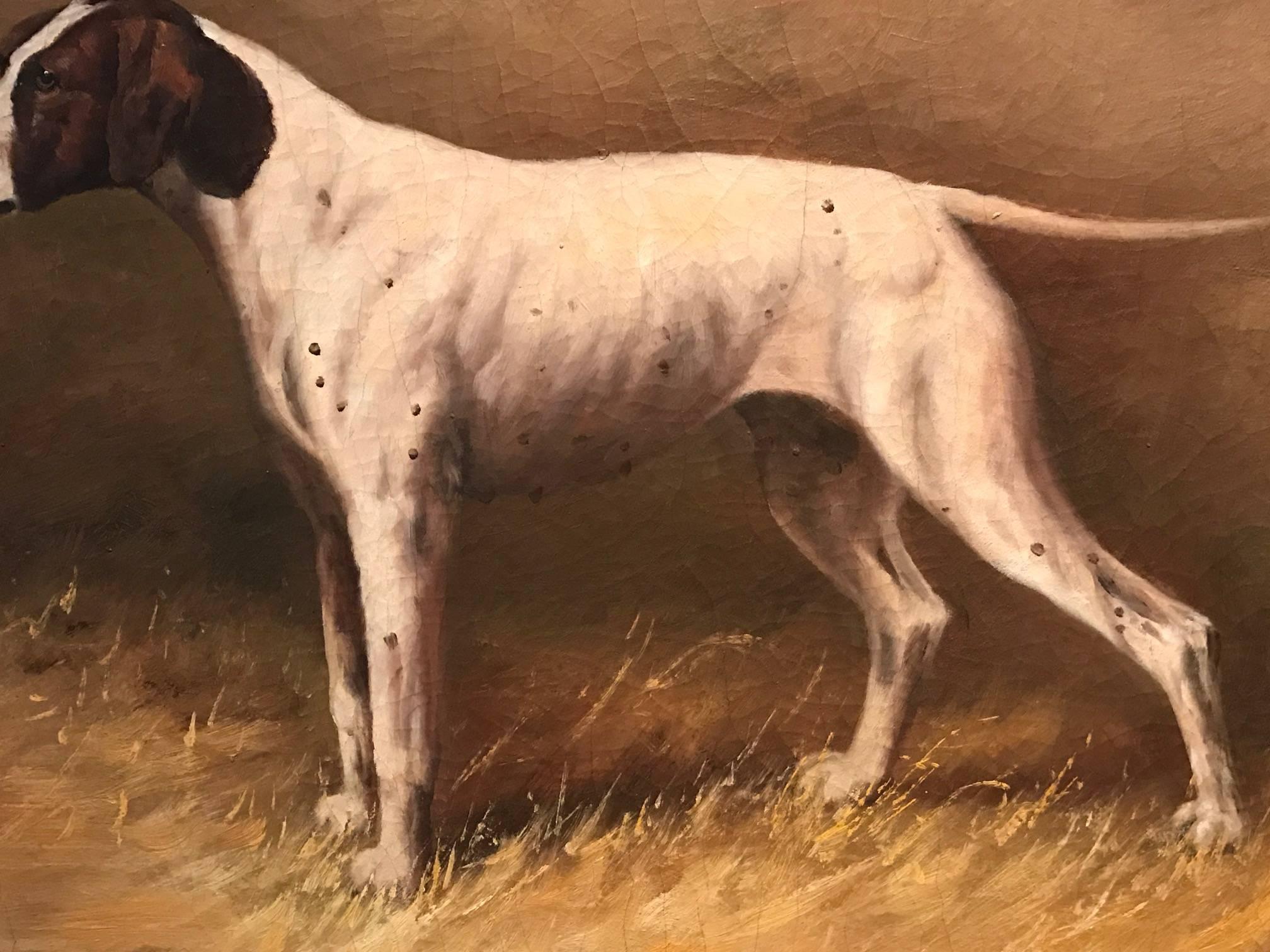 Fine English Oil Painting - Pointer Dog in Kennel Interior 1