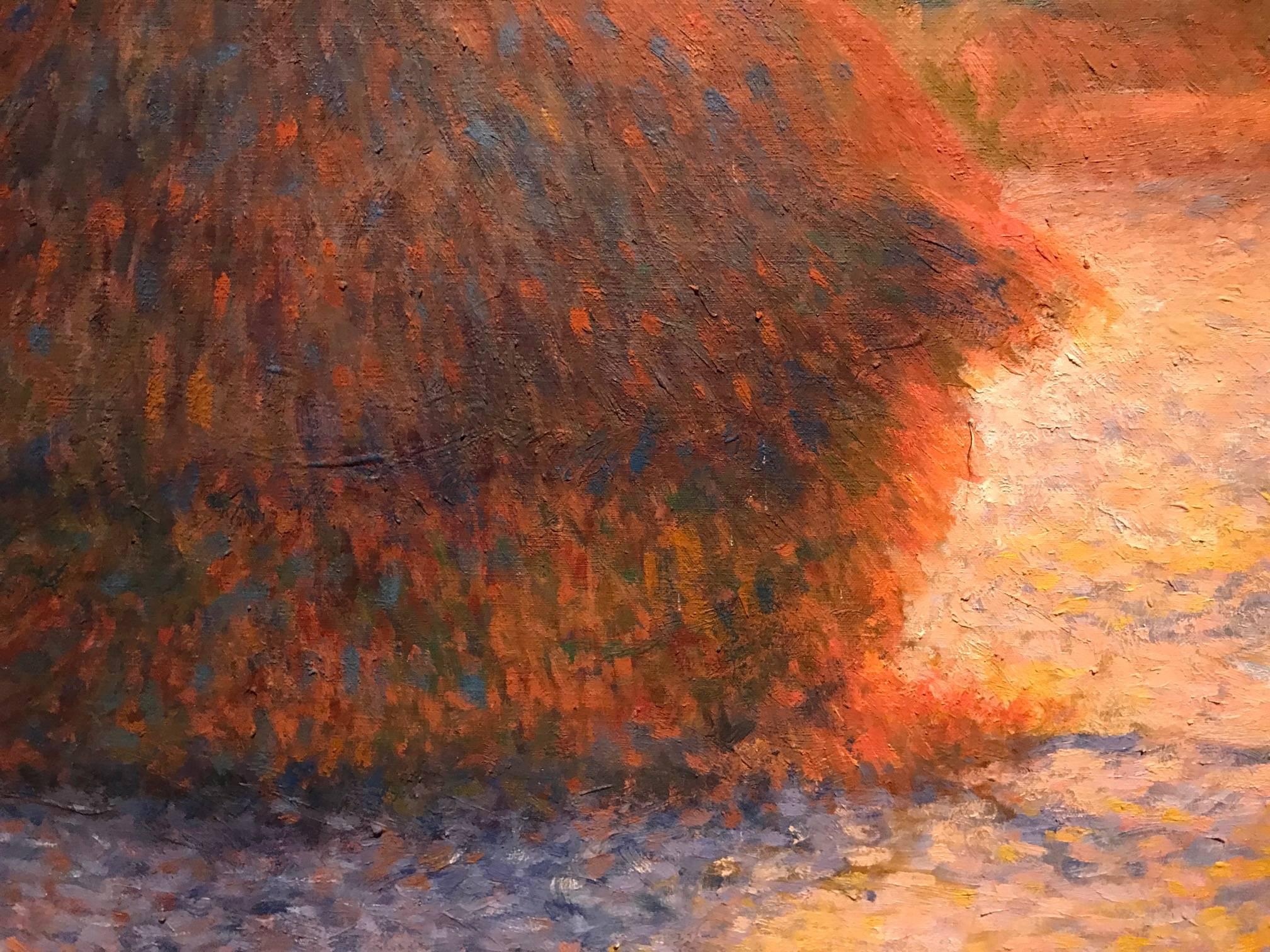 Beautiful oil painting on canvas depicting this magnificent French landscape as the sunsets over a haystack in the field. 

The painting is a copy after the earlier work by Claude Monet. We would date the painting to the late 20th century - so