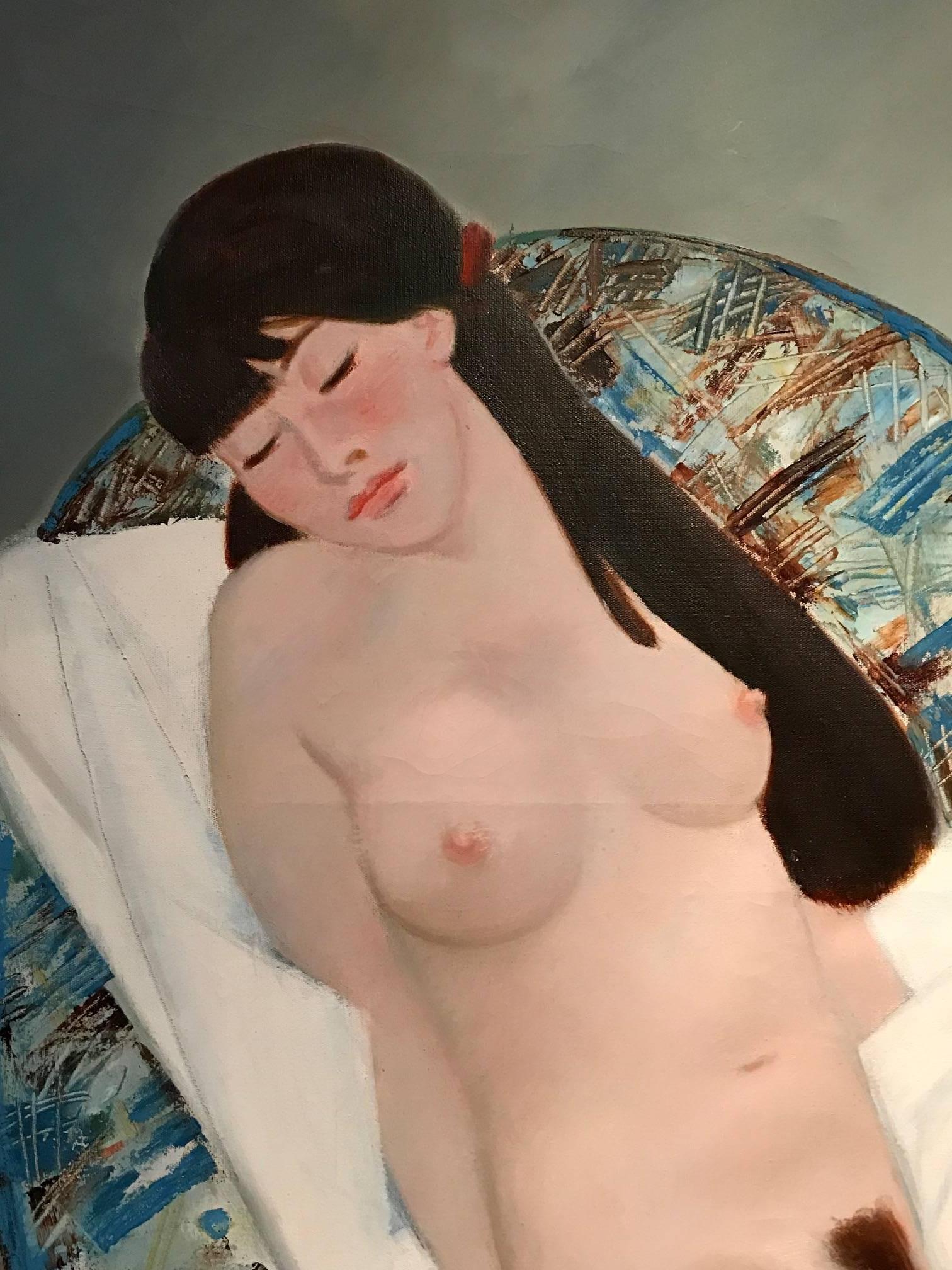 Superb large scale 20th century Russian oil painting by the listed artist Sergei Dmitrievich Kichko (born 1946). The work is signed with the artists initials to the lower left corner and dated 98. 

The painting beautifully depicts this nude woman