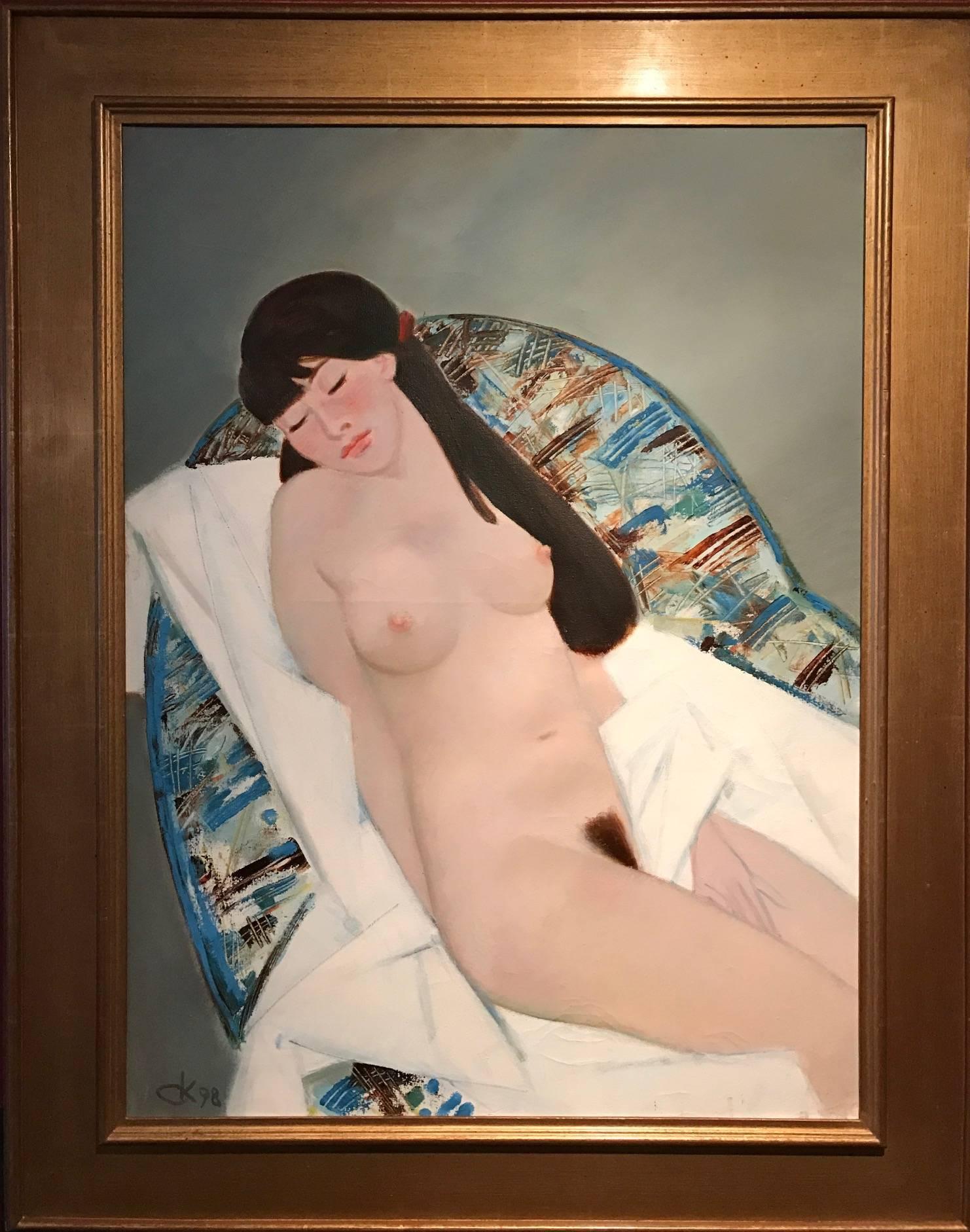 Sleeping Nude - Very Large Russian Modernist Oil Painting - Brown Nude Painting by Sergei Dmitrievich Kichko