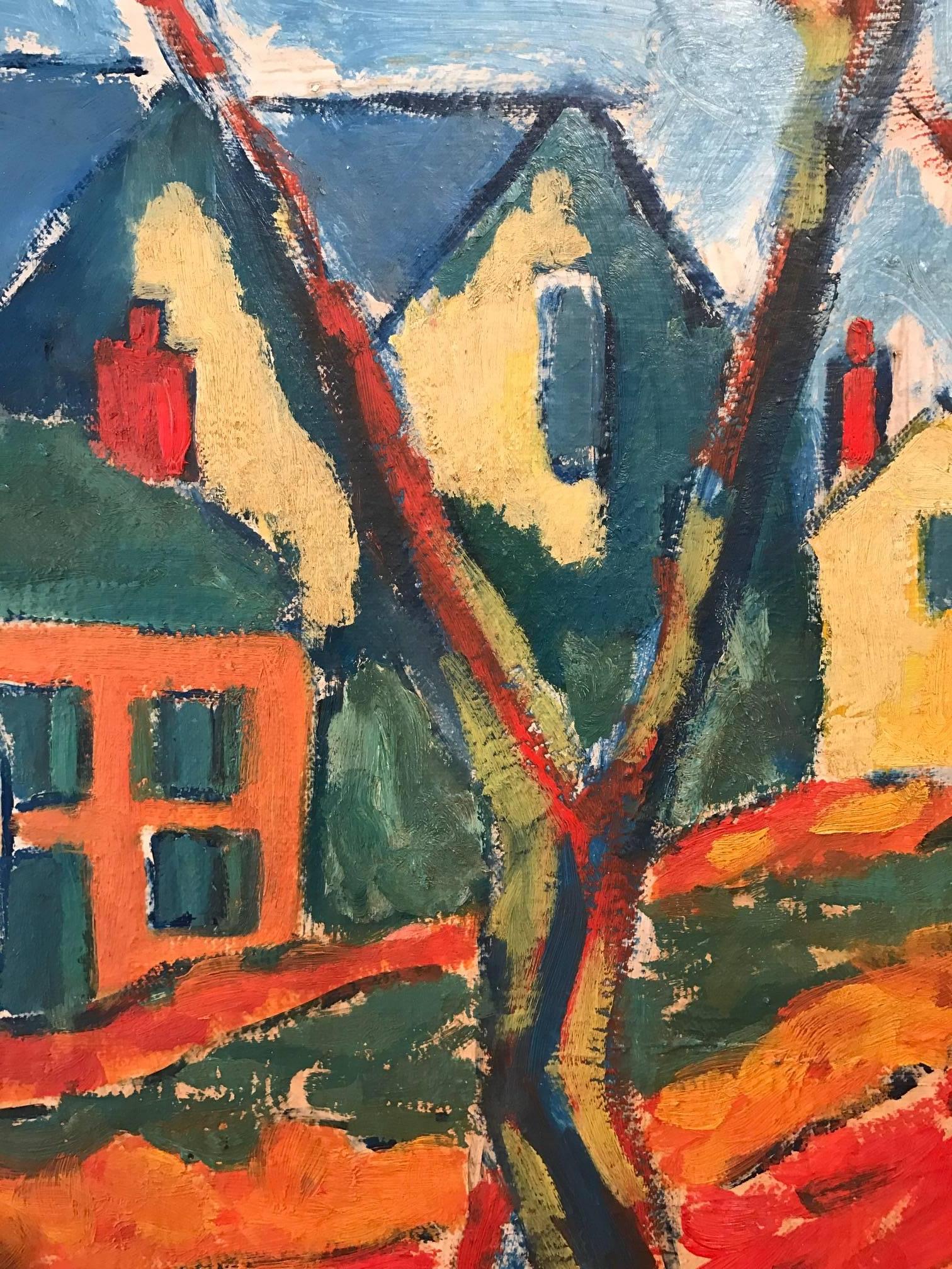 Superb 20th century French oil painting absolutely typical of the Fauvist movement. 

The painting depicts this colourful and vivid French street scene with a restaurant to the side. 

Fauvism is the style of les Fauves (French for "the