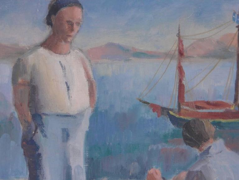 Unknown 1930's Greek Oil Painting Fishermen tending Nets Oil Painting