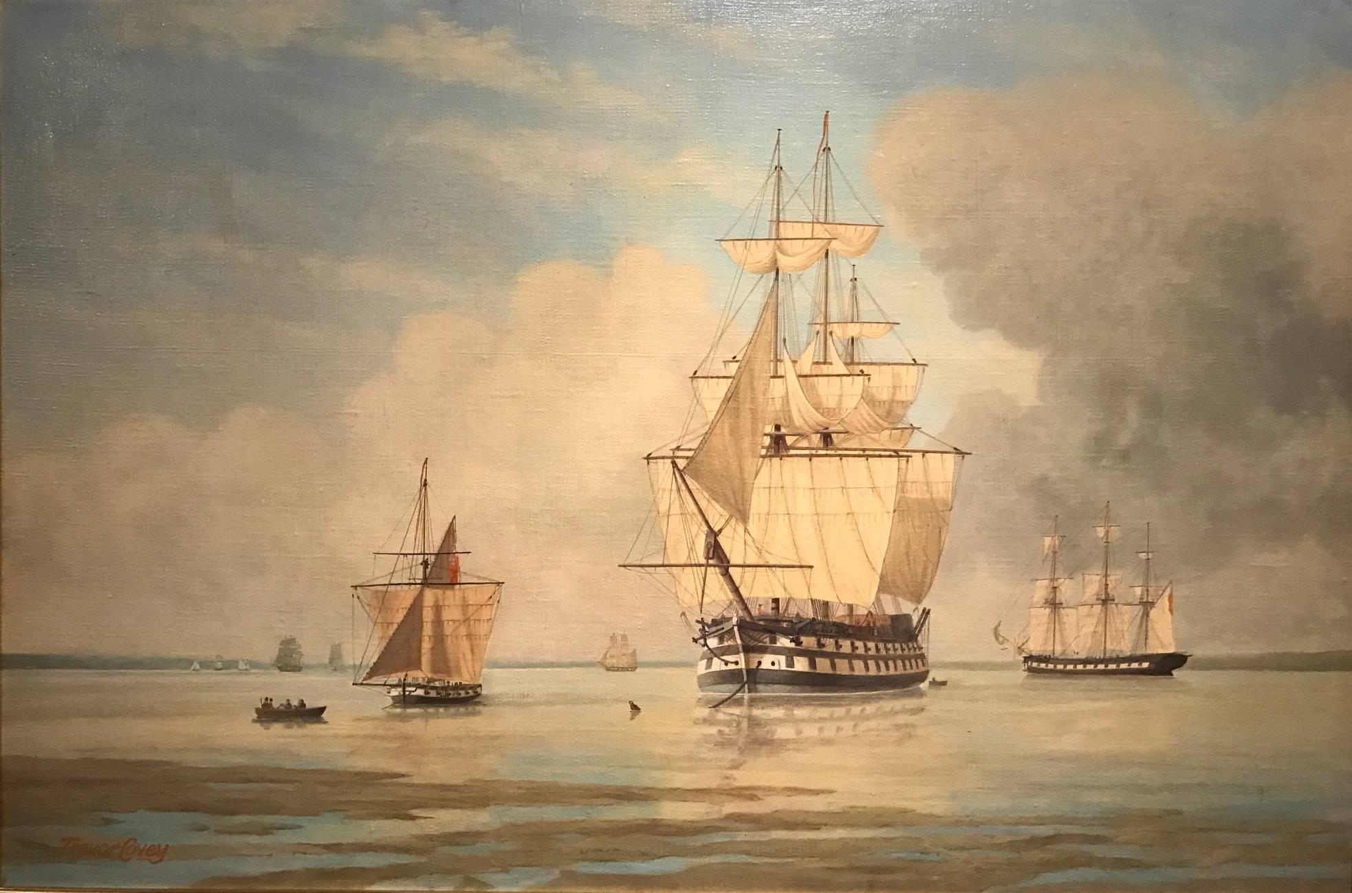 Trevor Covey Landscape Painting - Large British Maritime Oil Painting Napoleonic Battleships in the Solent