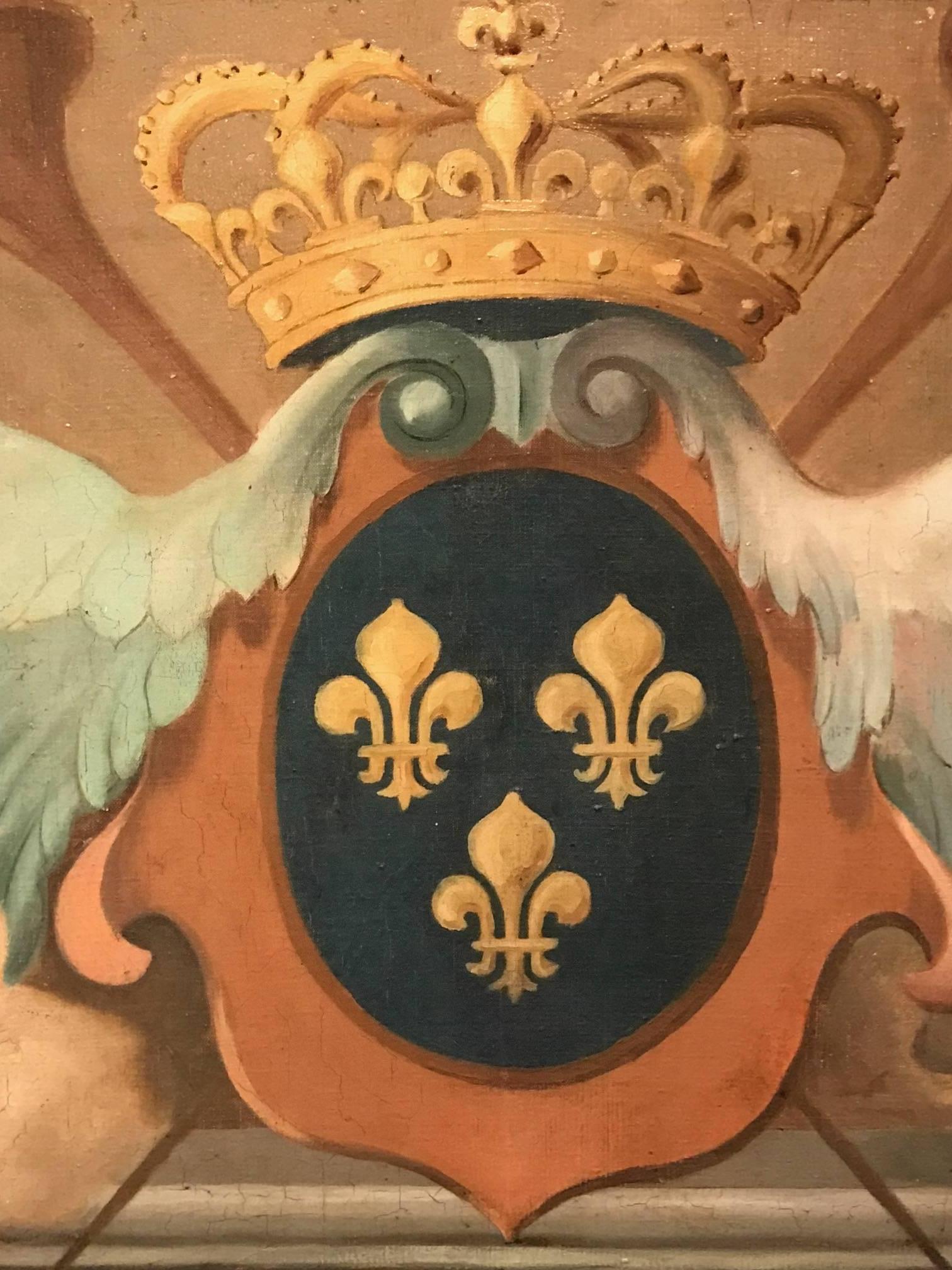 Huge 18th Century French Rococo Oil Painting Heraldic Crest Angelic Wings 3