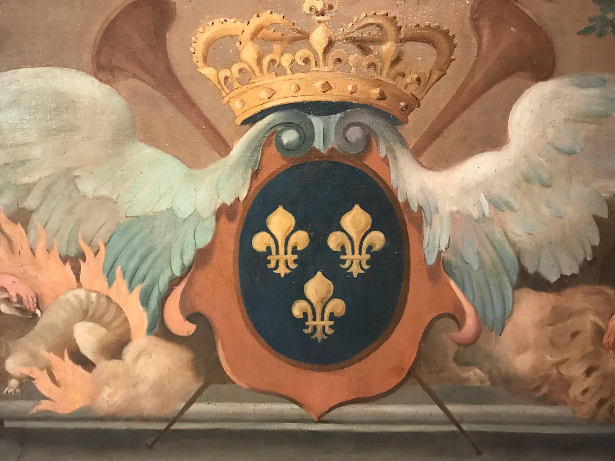 Huge 18th Century French Rococo Oil Painting Heraldic Crest Angelic Wings 1