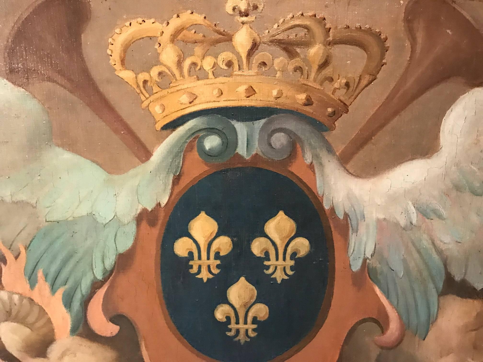 Huge 18th Century French Rococo Oil Painting Heraldic Crest Angelic Wings 5