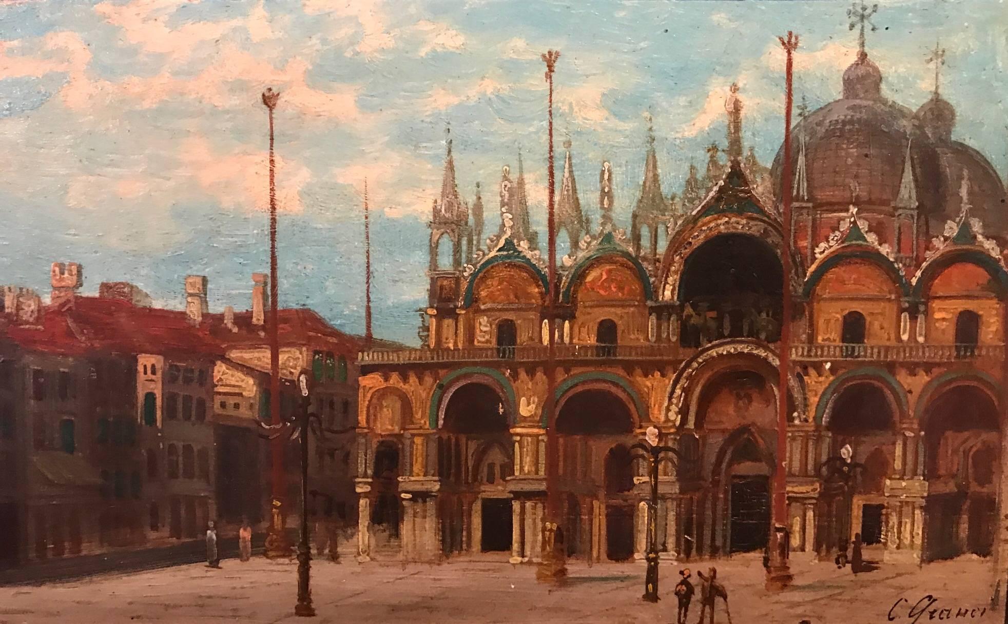 Piazza San Marco - 19th Century Italian Oil Painting St. Marks Basilica Signed - Brown Landscape Painting by Unknown