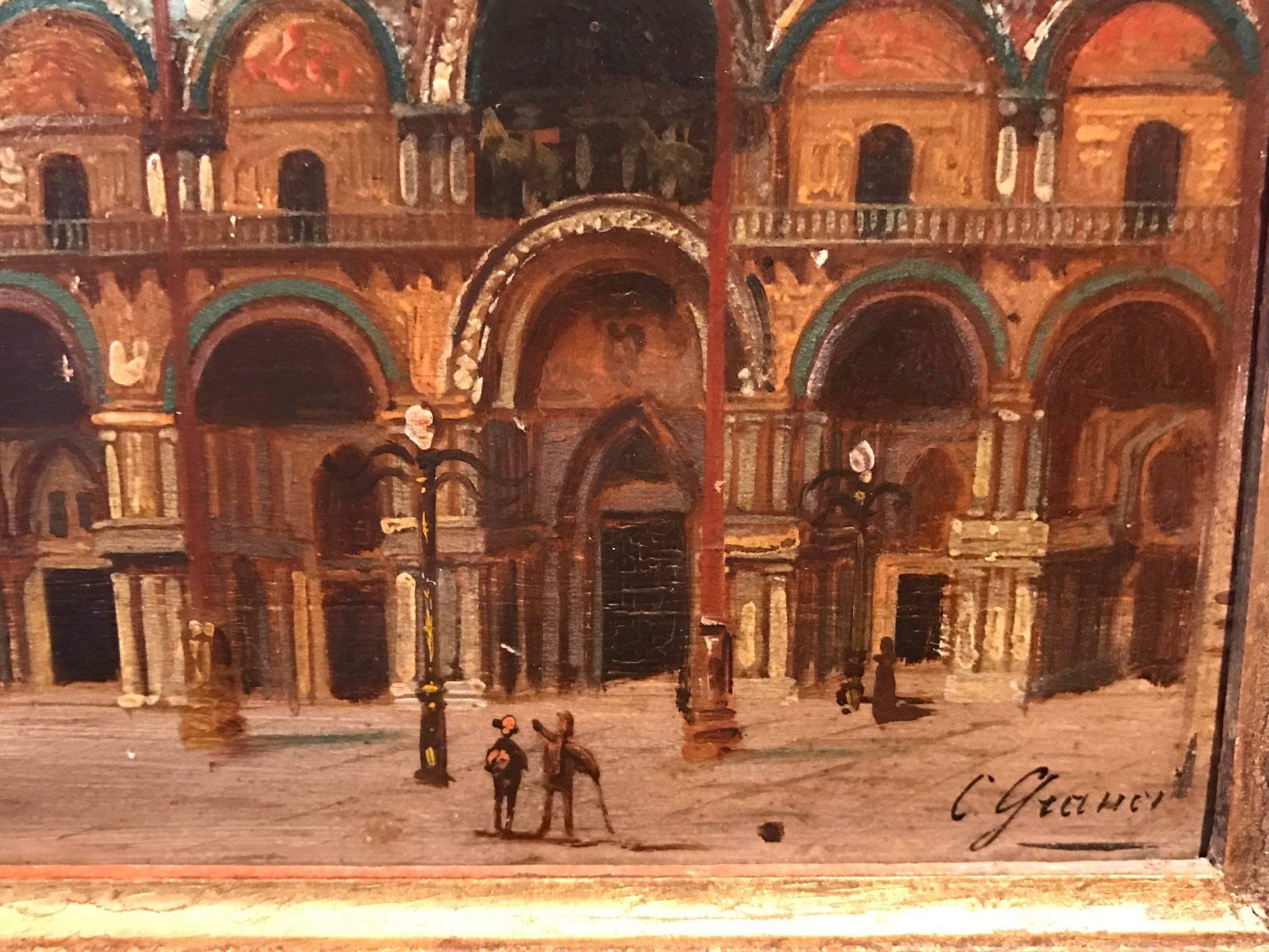 Fine 19th century Italian oil painting on wood panel, depicting this legendary and famous view of Piazza San Marco in Venice and the Basilica of St. Mark. 

The work is signed by its Italian artist to the lower right corner - and also titled verso