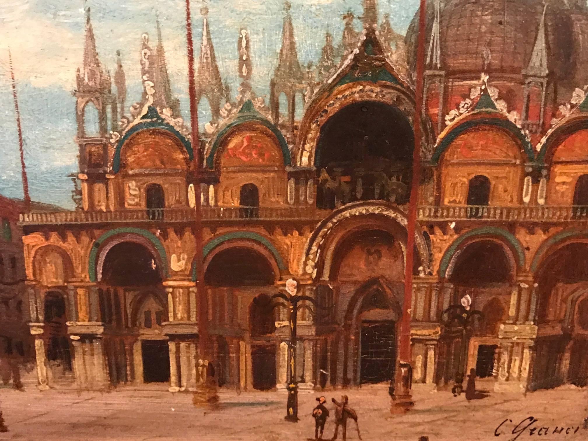 Piazza San Marco - 19th Century Italian Oil Painting St. Marks Basilica Signed 1