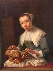 Fine 1700's Dutch Old Master Oil Painting Lady Sewing in Arched Window with Cat