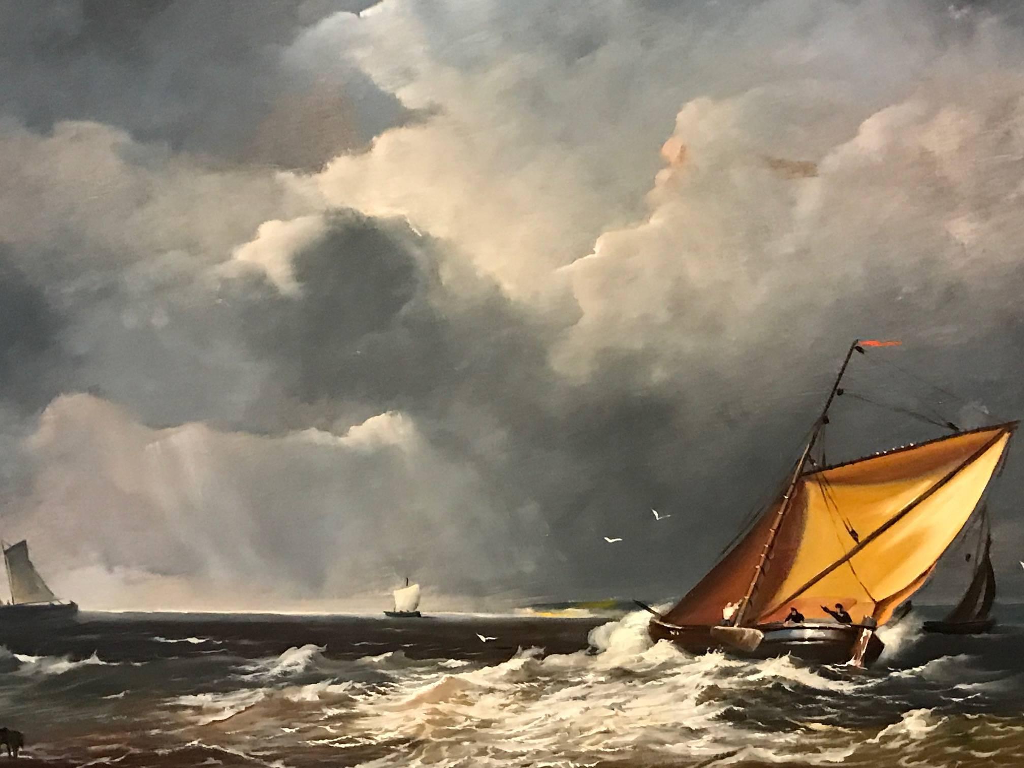 Fine British Maritime Oil Painting - Shipping in Rough Seas - Signed - Gray Landscape Painting by Robert Dumont-Smith