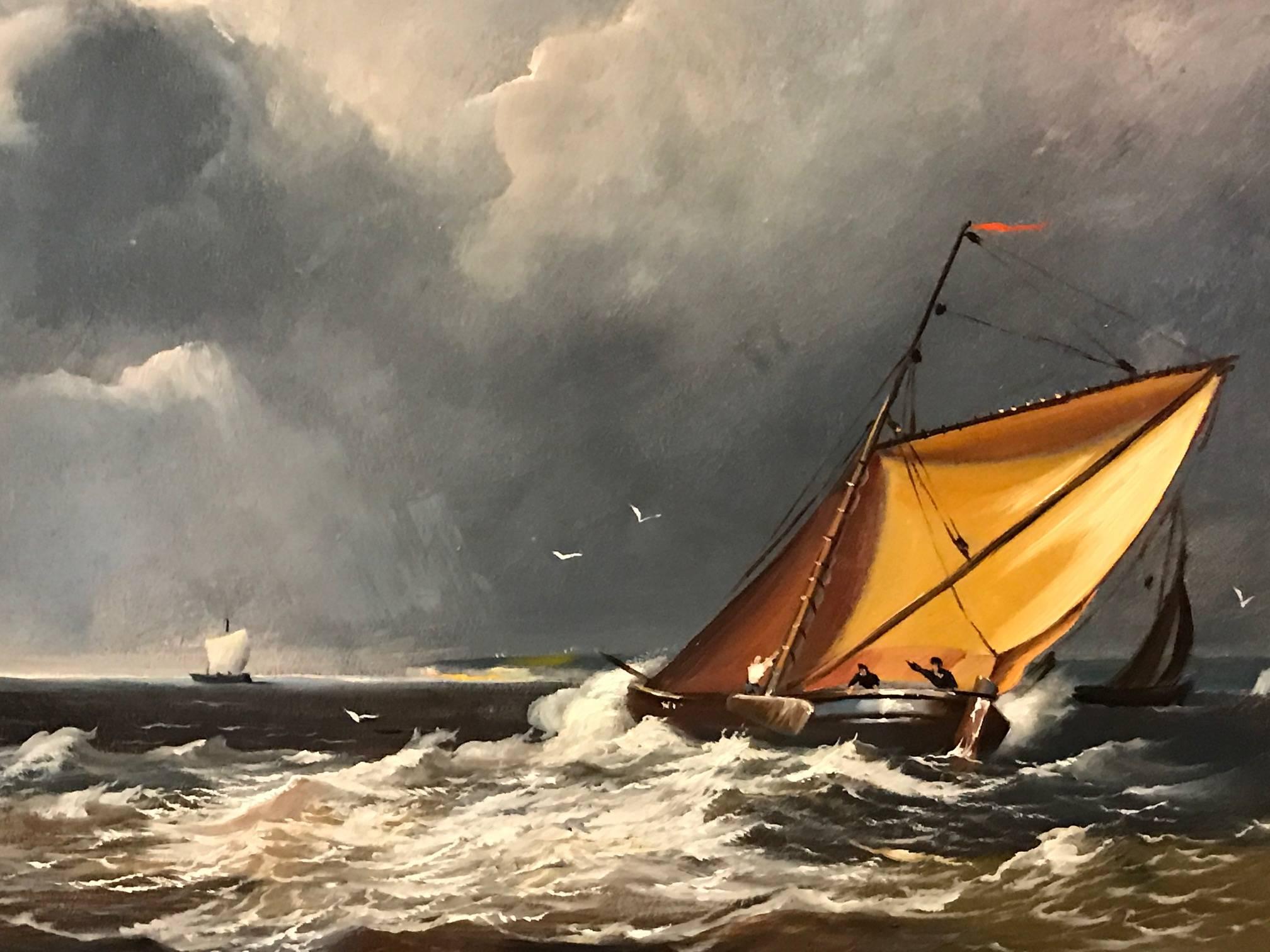 Beautiful marine oil painting by the well listed 20th century British painter, Robert Dumont-Smith (b.1908). 

The painting, oil on board, signed to the lower left, depicts classic sailing boats under brooding skies and upon choppy waters off a