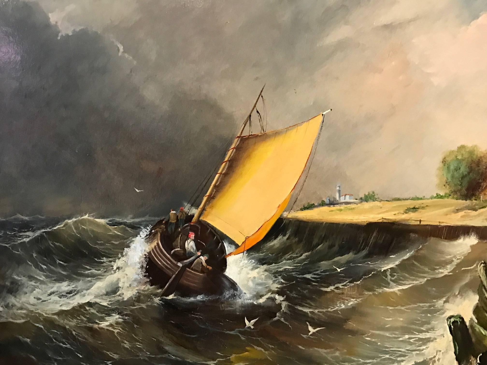 Fine British Maritime Oil Painting - Fishing Boat on Rough Seas - Signed - Brown Landscape Painting by Robert Dumont-Smith
