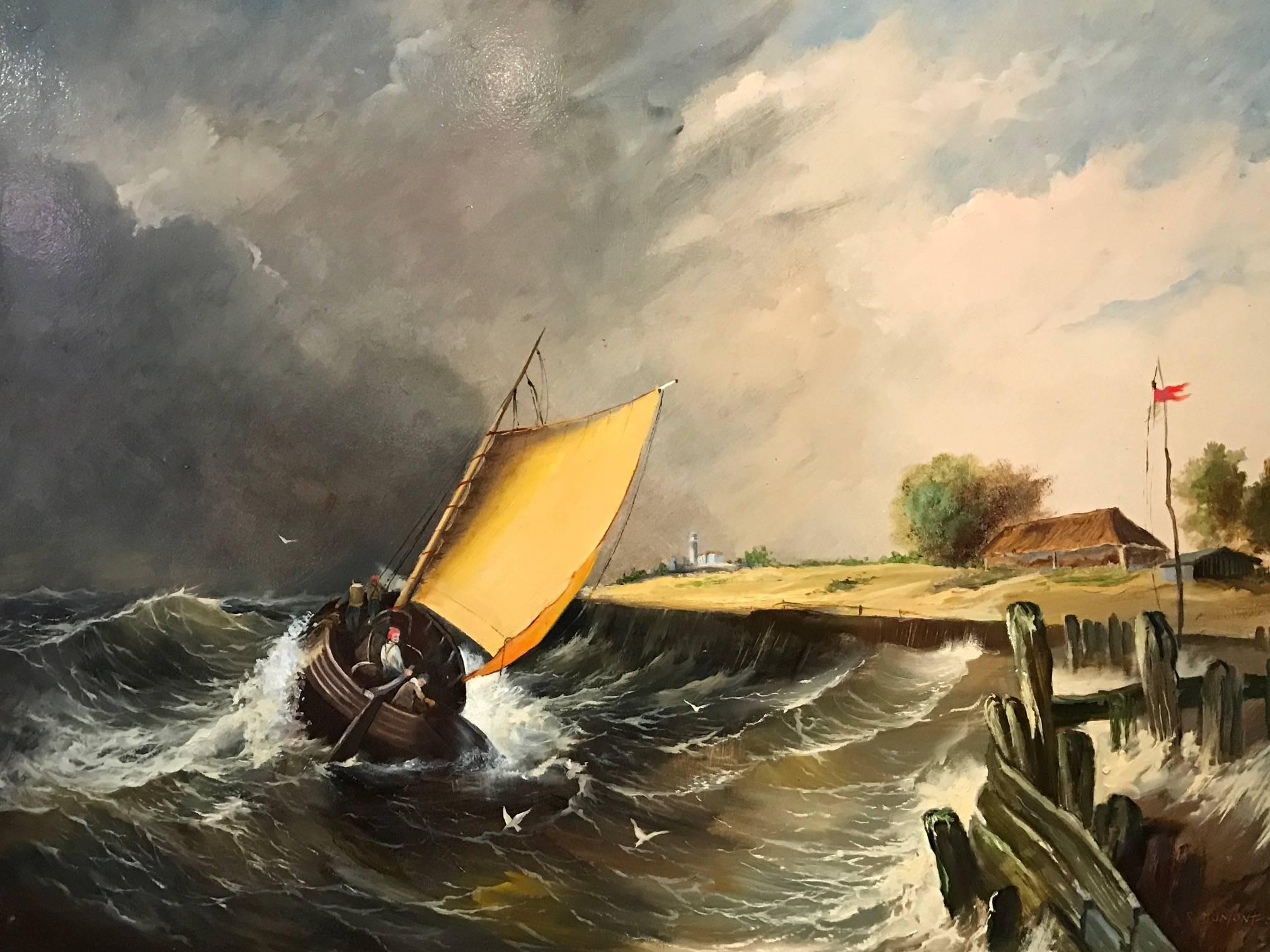 Beautiful marine oil painting by the well listed 20th century British painter, Robert Dumont-Smith (b.1908). 

The painting, oil on board, signed to the lower right, depicts this classic fishing boat under brooding skies and upon choppy waters