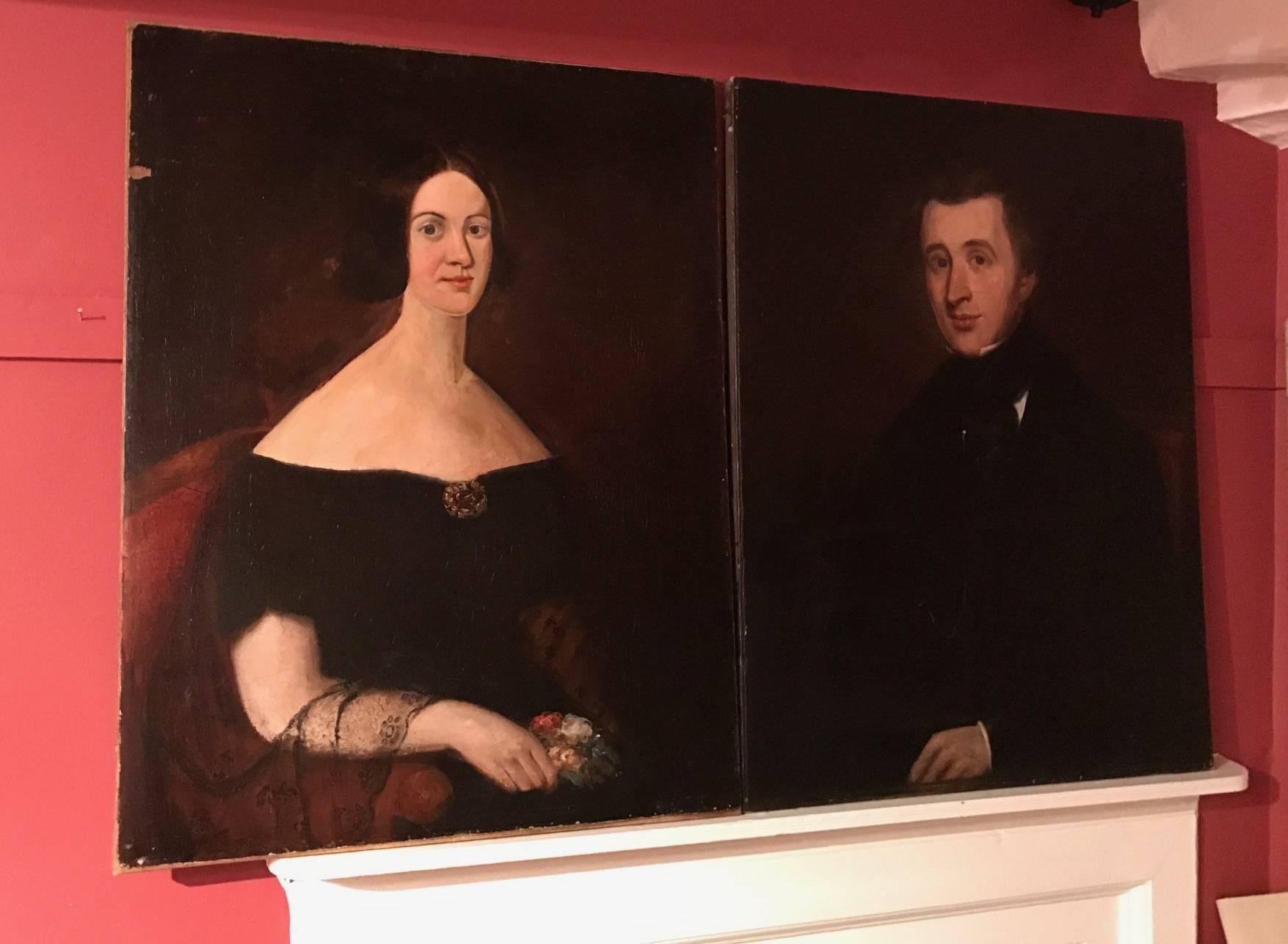 The Victorian Couple... Pair of 19th century English Portraits, oils on canvas - Painting by Unknown