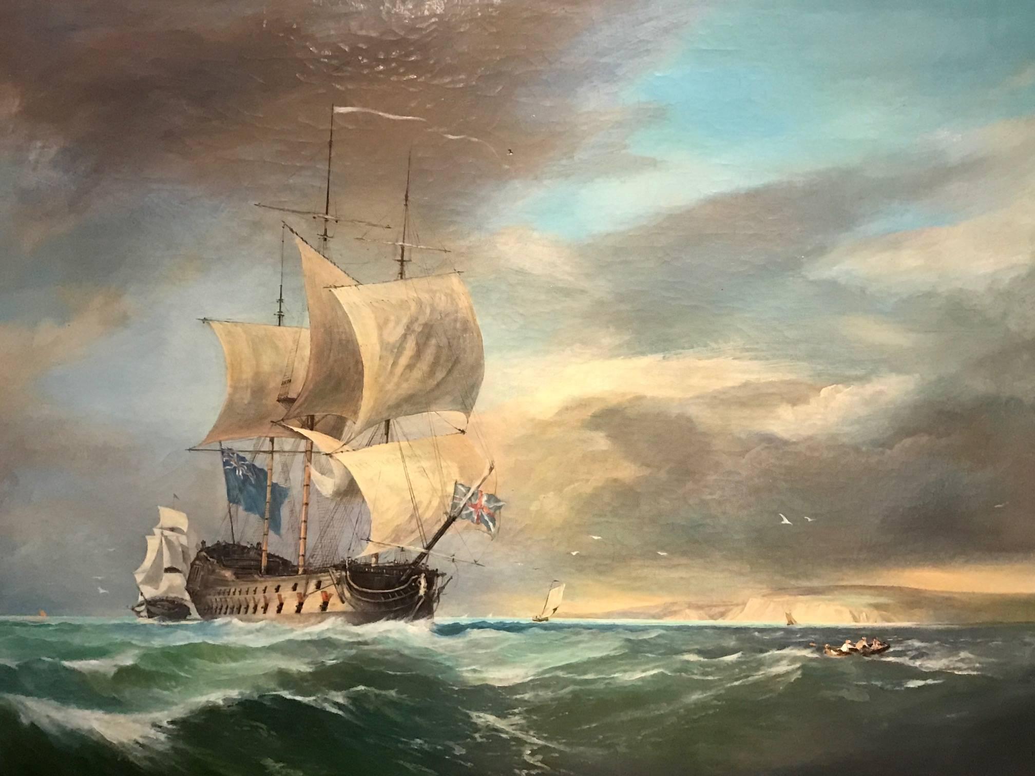 HMS Victory off the English Coast - Fine Antique British Oil Painting - Signed 1