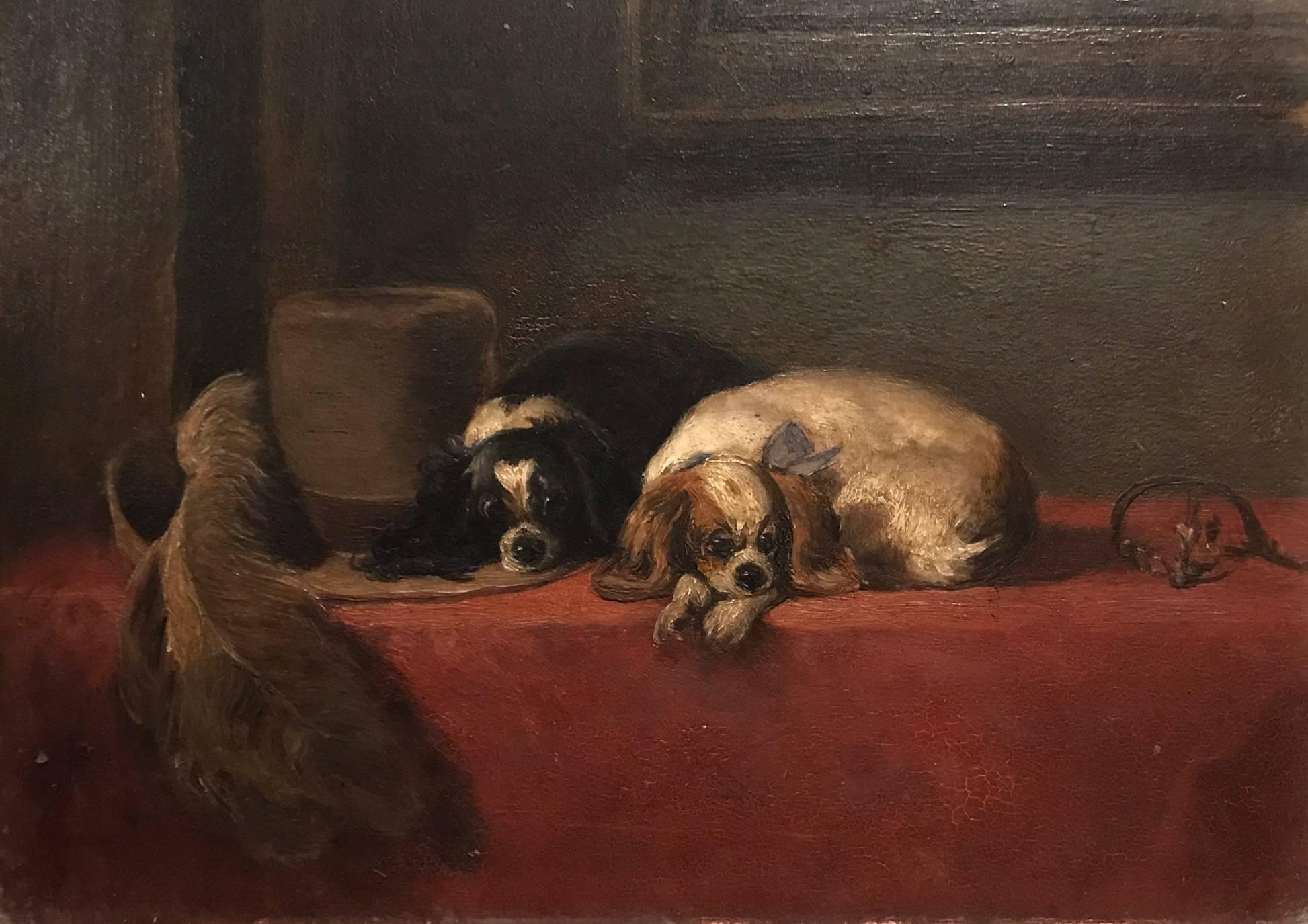 The Cavaliers Pets - Beautiful English Antique Oil Painting of Spaniels - Brown Animal Painting by After Edwin Landseer