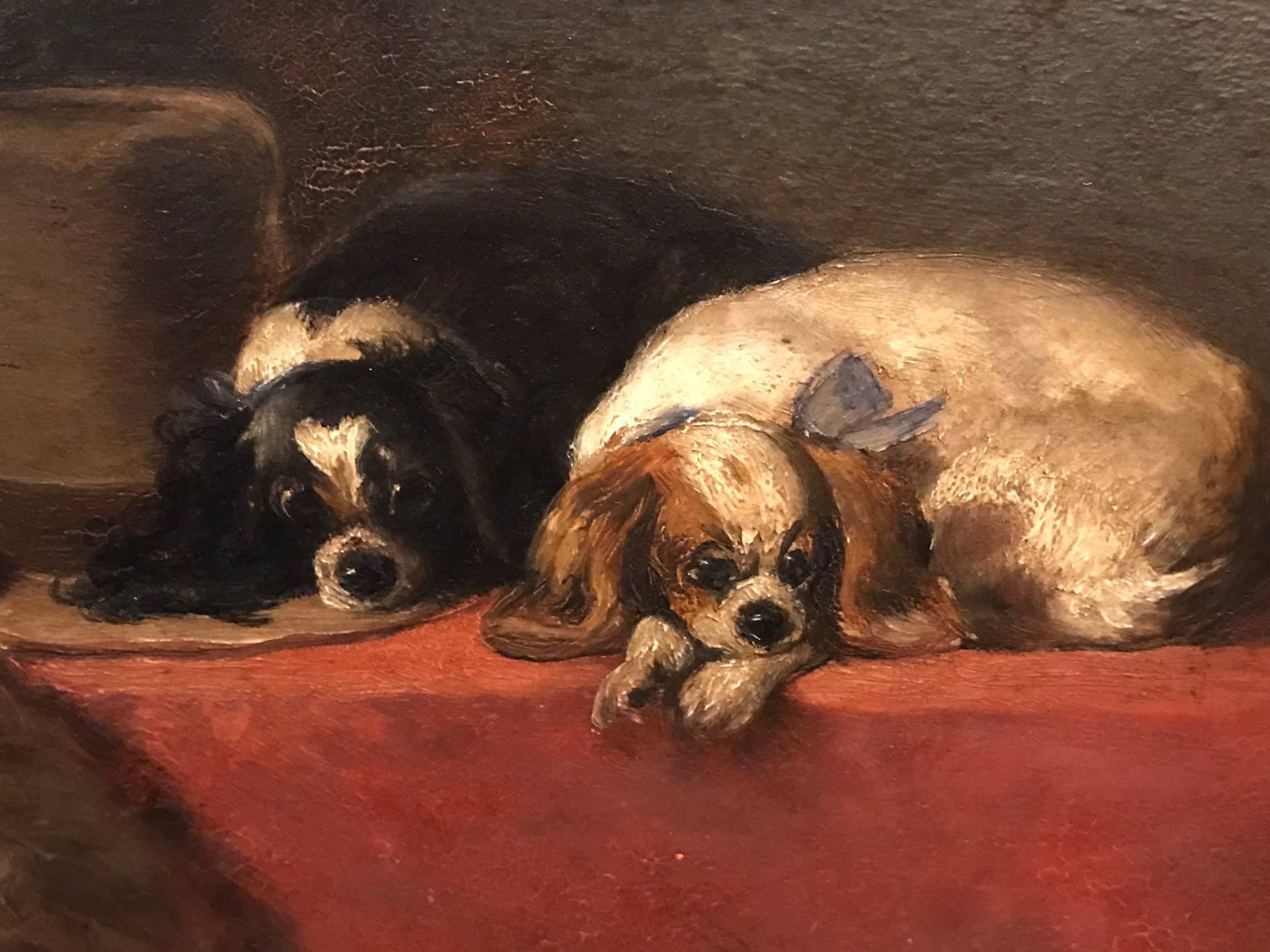 The Cavaliers Pets - Beautiful English Antique Oil Painting of Spaniels 1