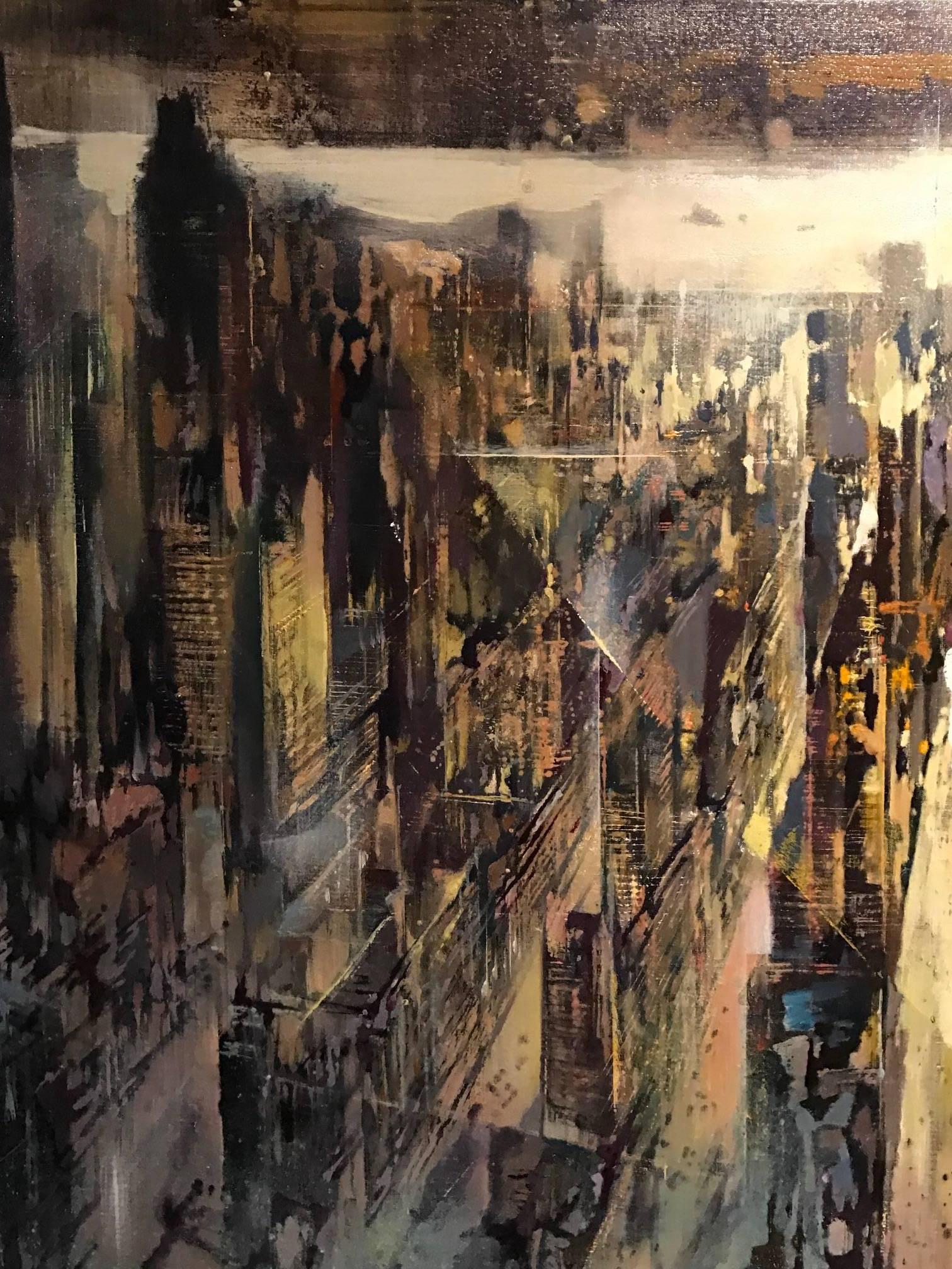 Stunning original abstract oil painting depicting New York City in 1963. The work is by the well listed French artist, Jean-Theobald Jacus (French, b. 1924). It is signed lower right and dated verso (1963). 

Painted on this large scale and so