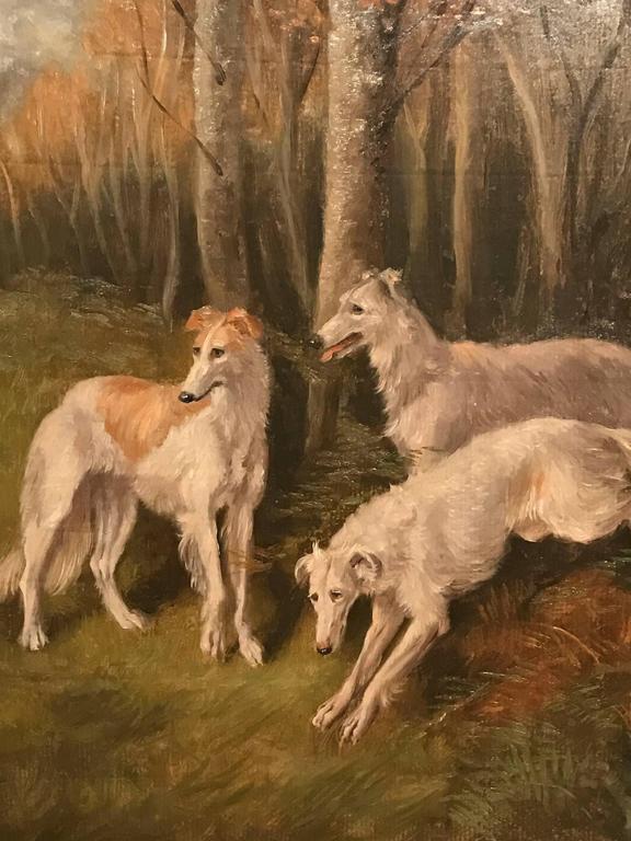 Unknown Antique English Dog Oil Painting Long Haired Lurchers in