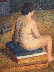 French Oil Painting Seated Nude in Interior by Electric Fire