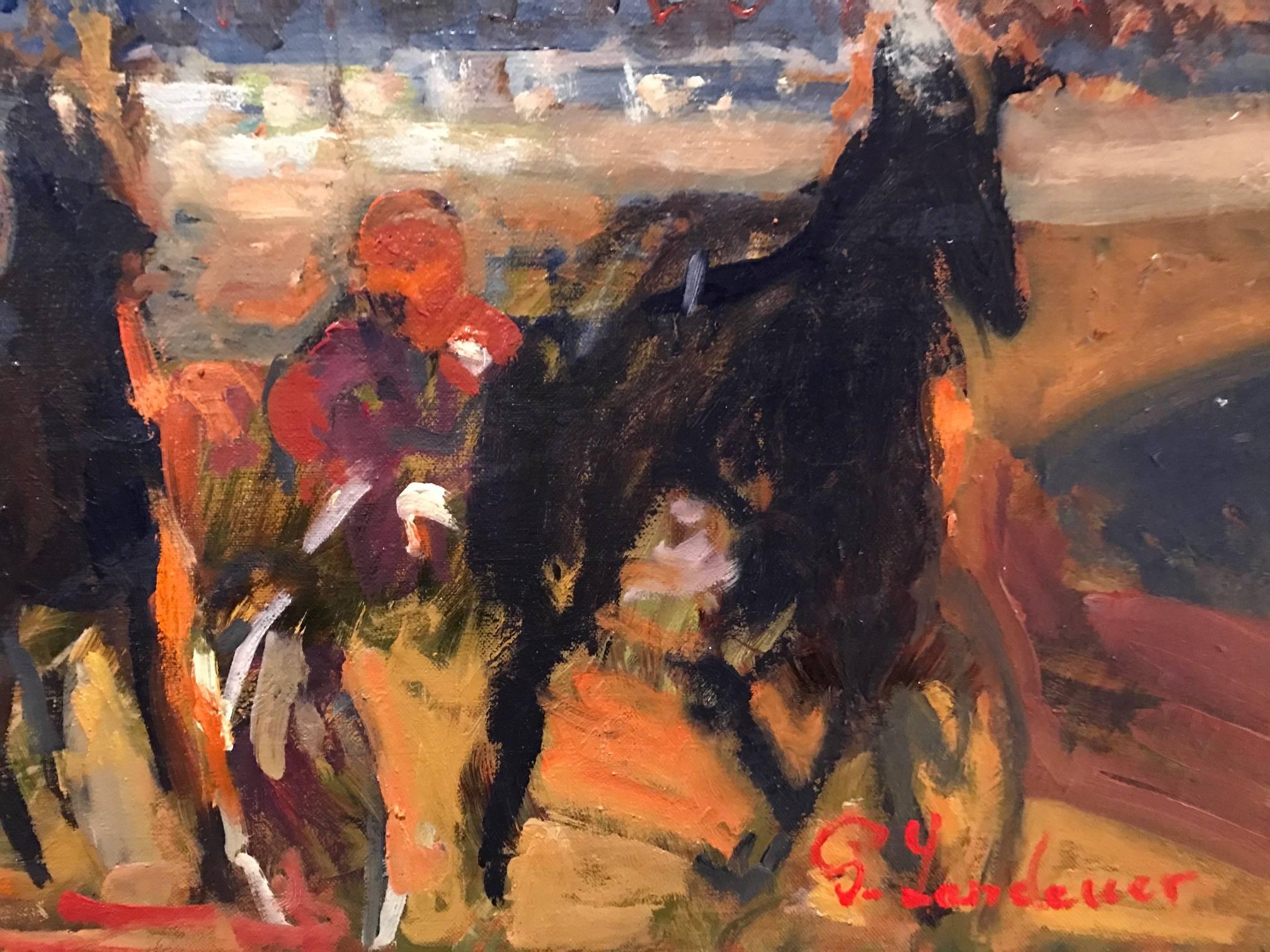 Harness Racing Cote d'Azur - Large French Oil Painting - Brown Landscape Painting by Paul Richard Landauer