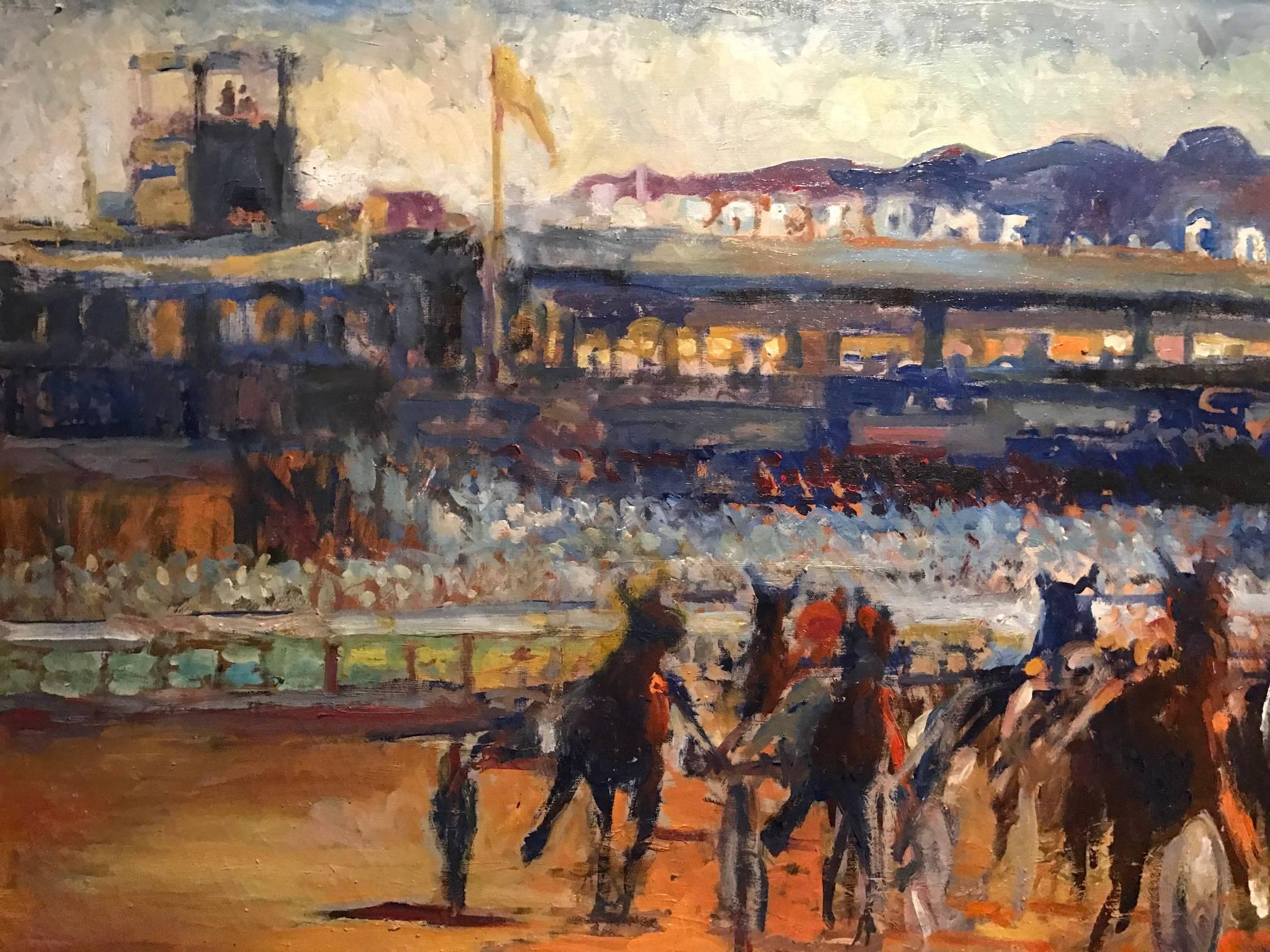 Stunning original French oil painting capturing the thundering hooves of these racehorses at the Hippodrome Cote d'Azur (Cagnes-sur-Mer, near Nice) as they race towards the viewer in this beautiful painting by the well listed French painter, Paul