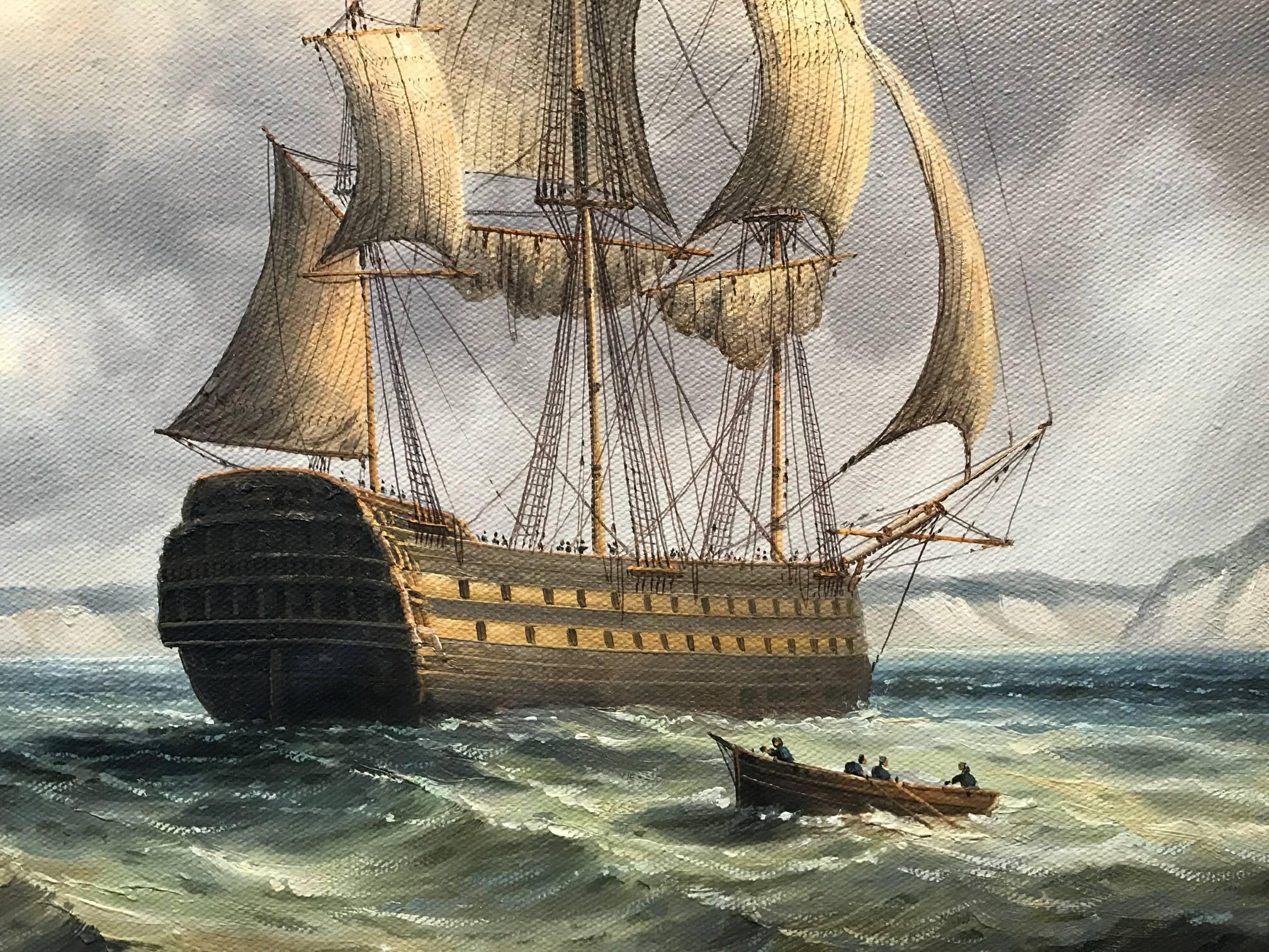 Napoleonic Warship in Seas off Coastline - Fine Oil Painting - Brown Landscape Painting by James Hardy