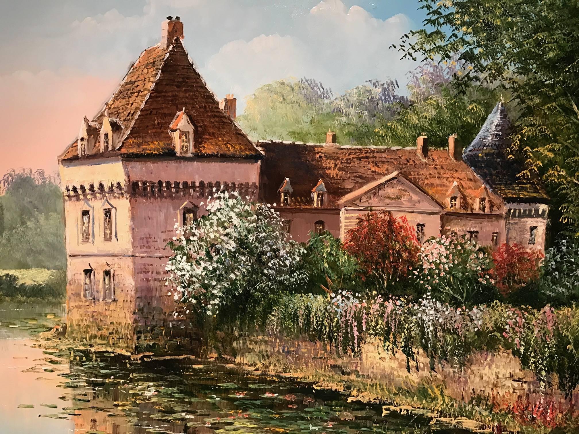 French Chateau with Waterlily Moat - Signed French Impressionist Oil Painting - Brown Landscape Painting by Raymond Quence