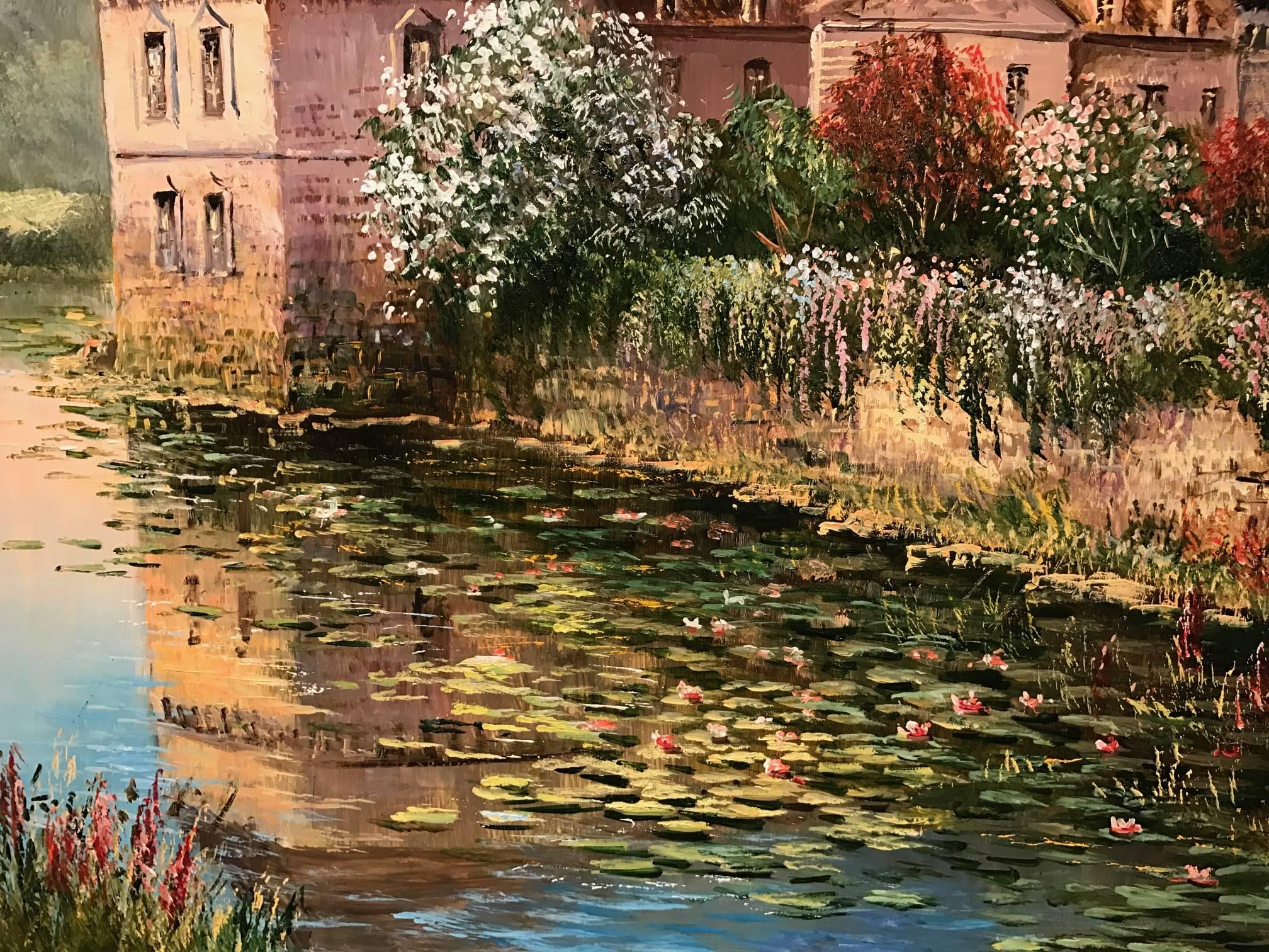 French Chateau with Waterlily Moat - Signed French Impressionist Oil Painting 2