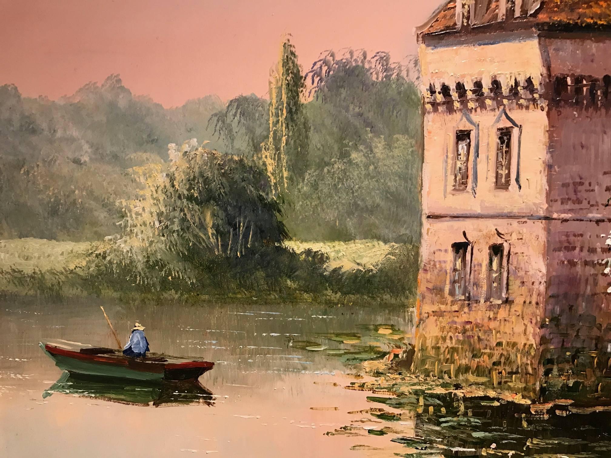 French Chateau with Waterlily Moat - Signed French Impressionist Oil Painting 3