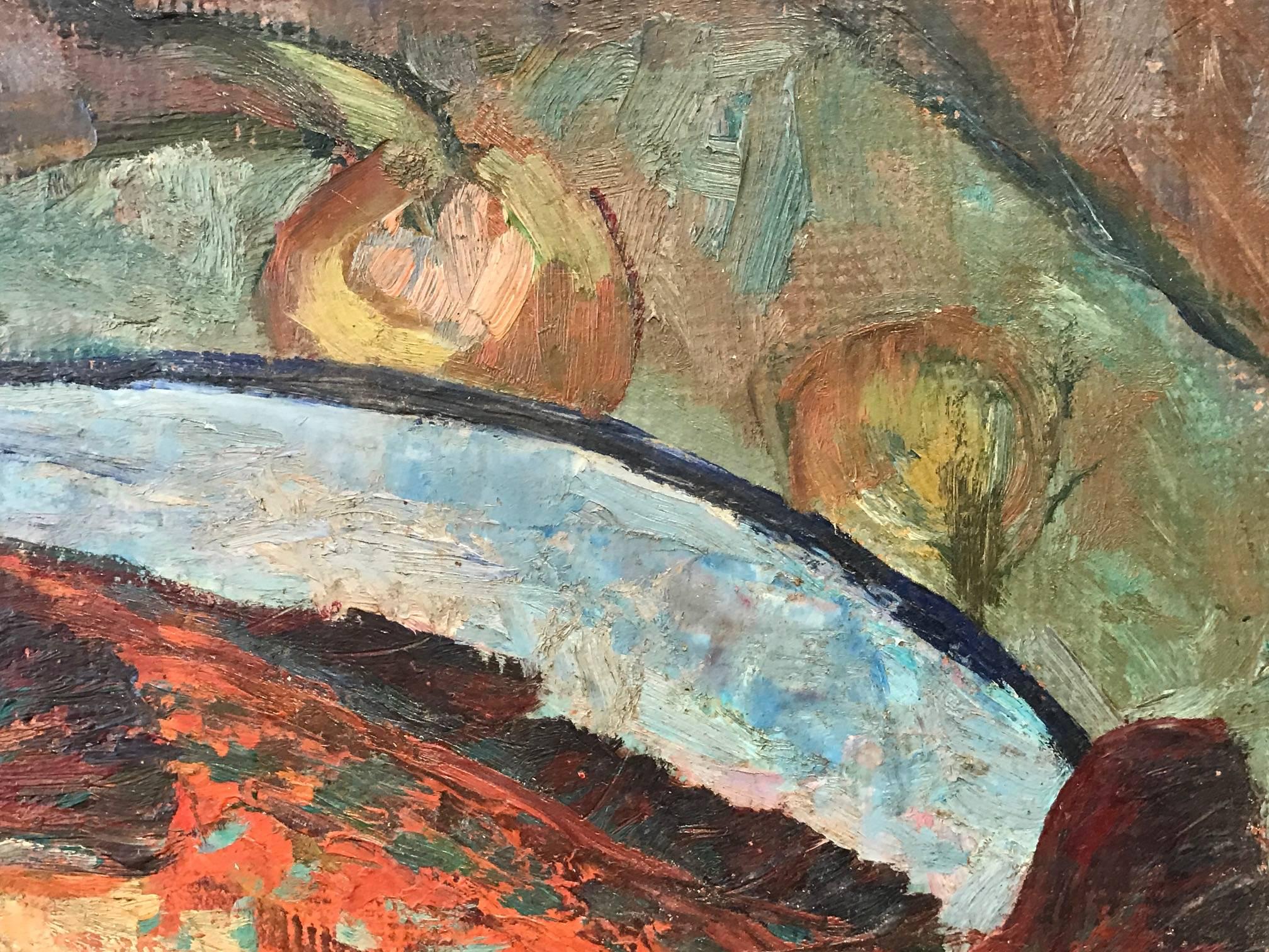Mid 20th century French Post-Impressionist Oil Painting - Fish on Plate - Brown Still-Life Painting by J. P. Blanche