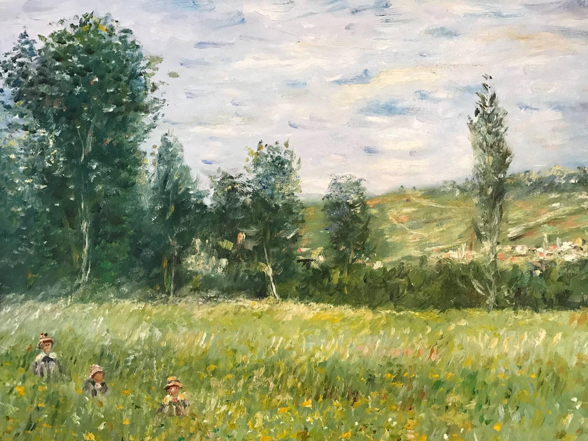 Beautiful oil painting on canvas depicting figures walking through long grass and wild flower meadows. The work is after the earlier work by Claude Monet (Vetheuile, 1879). The painting bears his name to the lower left corner. 

The painting is