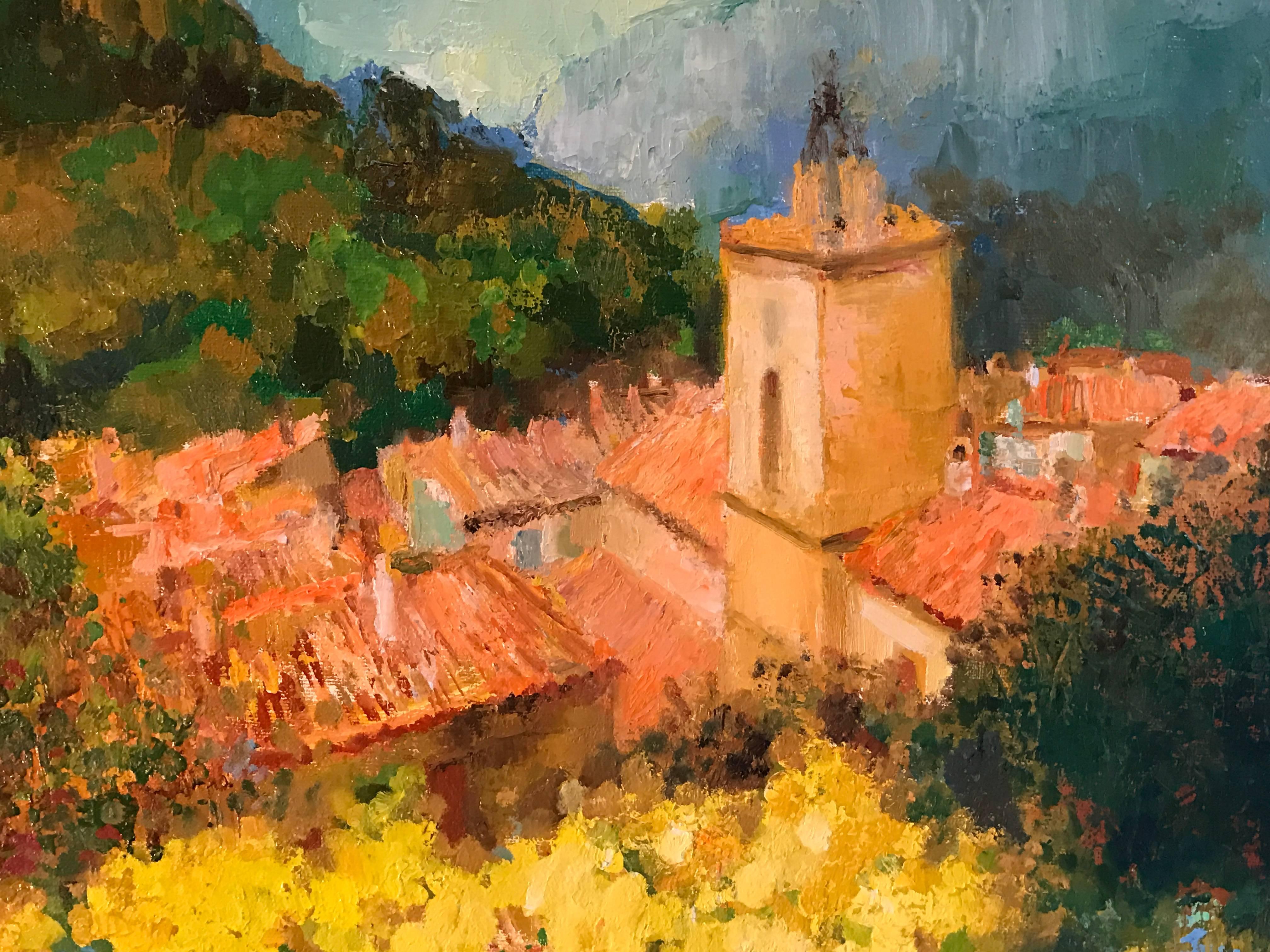 Peinture à l'huile impressionniste française - Paysage provençal, champs d'été - Marron Landscape Painting par Jean Navarre