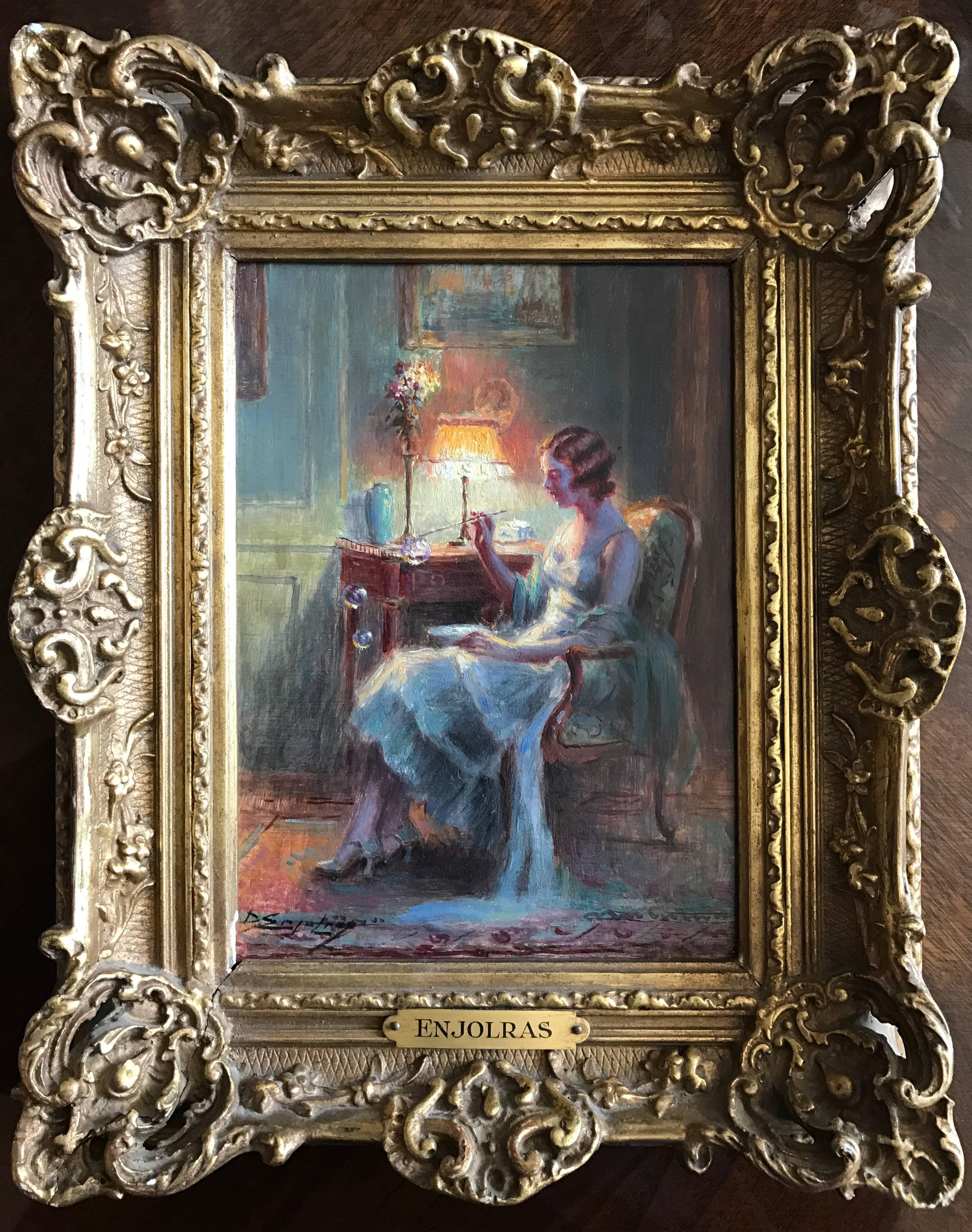 Signed Oil - Elegant Lady in Interior Blowing Bubbles - Painting by Delphin Enjolras