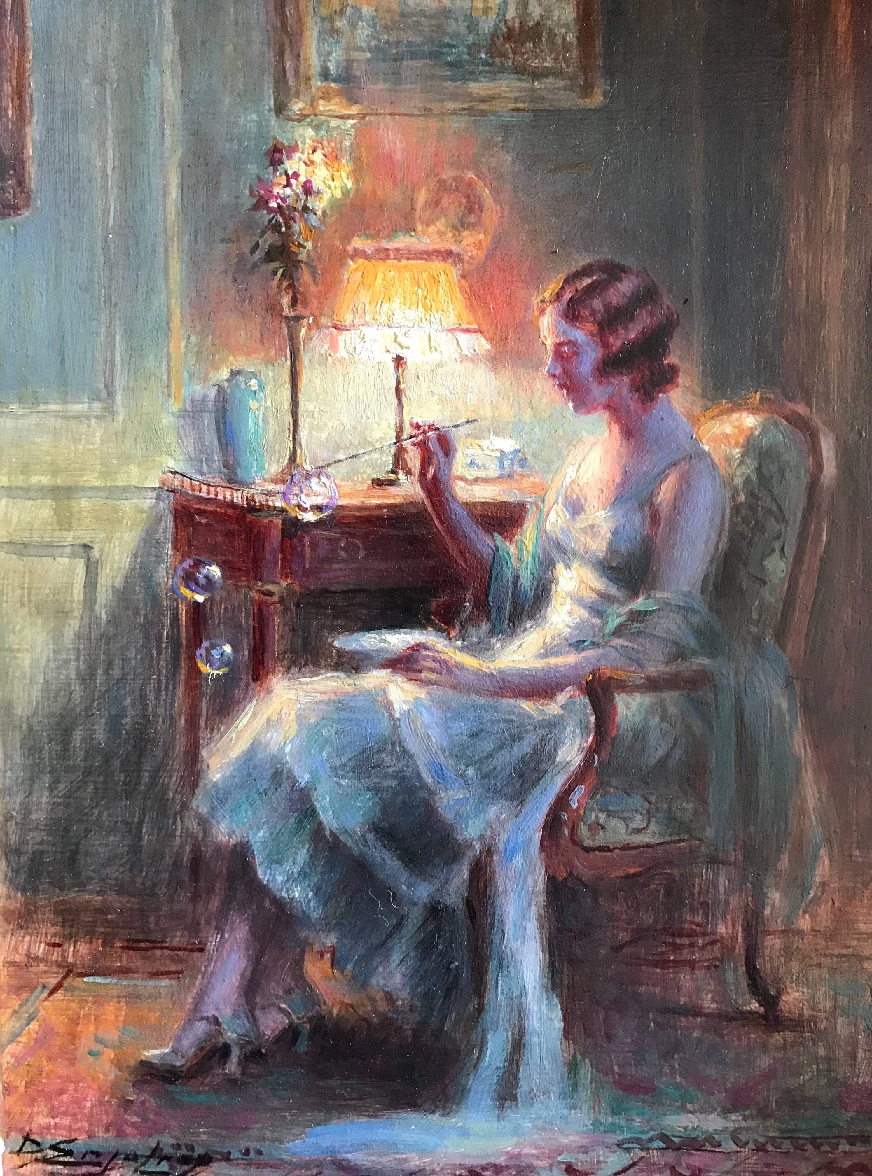 Delphin Enjolras Portrait Painting - Signed Oil - Elegant Lady in Interior Blowing Bubbles