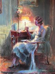 Signed Oil - Elegant Lady in Interior Blowing Bubbles