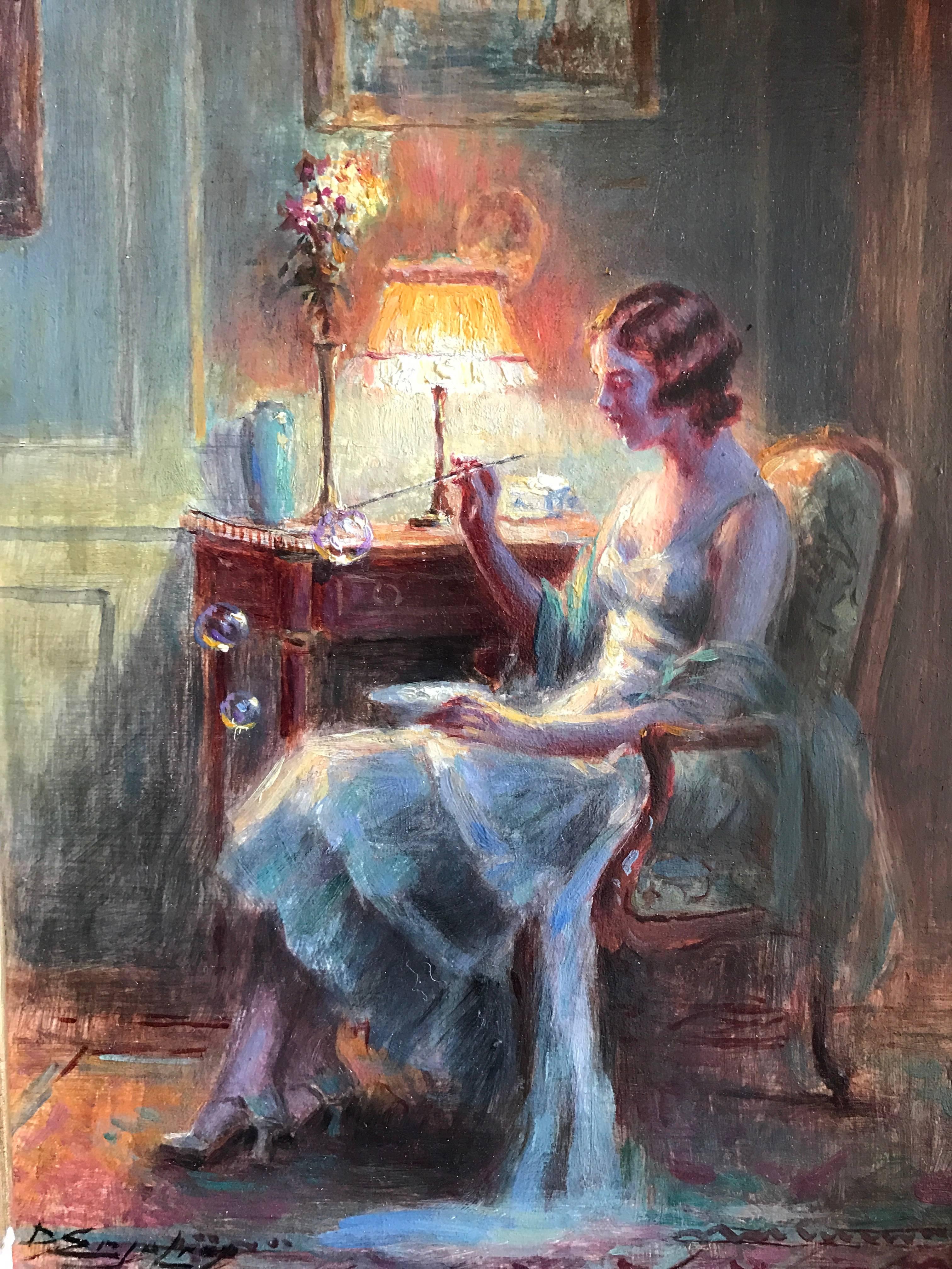 Signed Oil - Elegant Lady in Interior Blowing Bubbles - Gray Portrait Painting by Delphin Enjolras