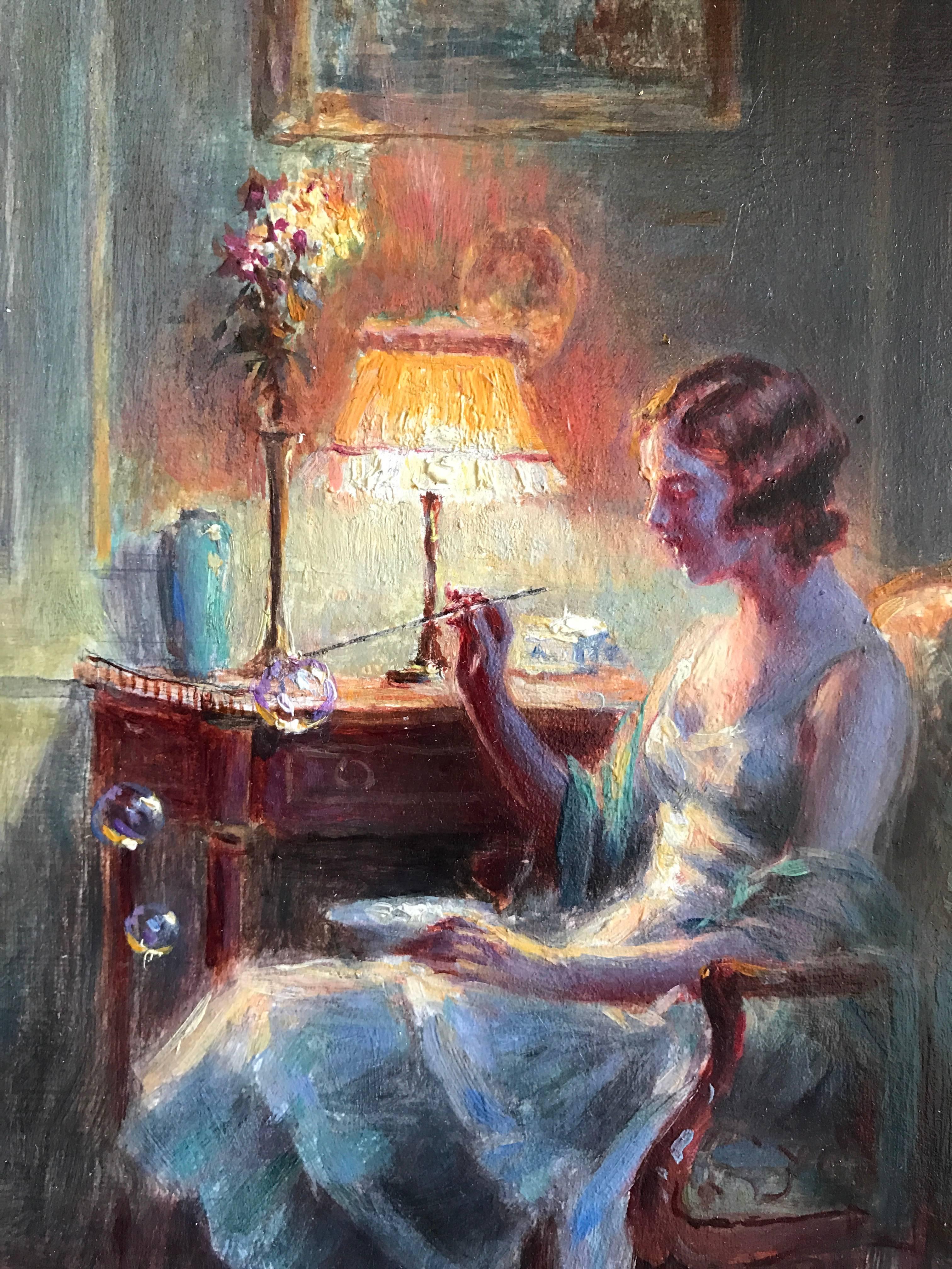 Beutiful original oil painting on panel depicting this elegant young lady seated in a grand parlour interior. The work is by the highly regarded and sought after French painter, Delphin Enjolras (French 1857-1945) and is signed to the lower left