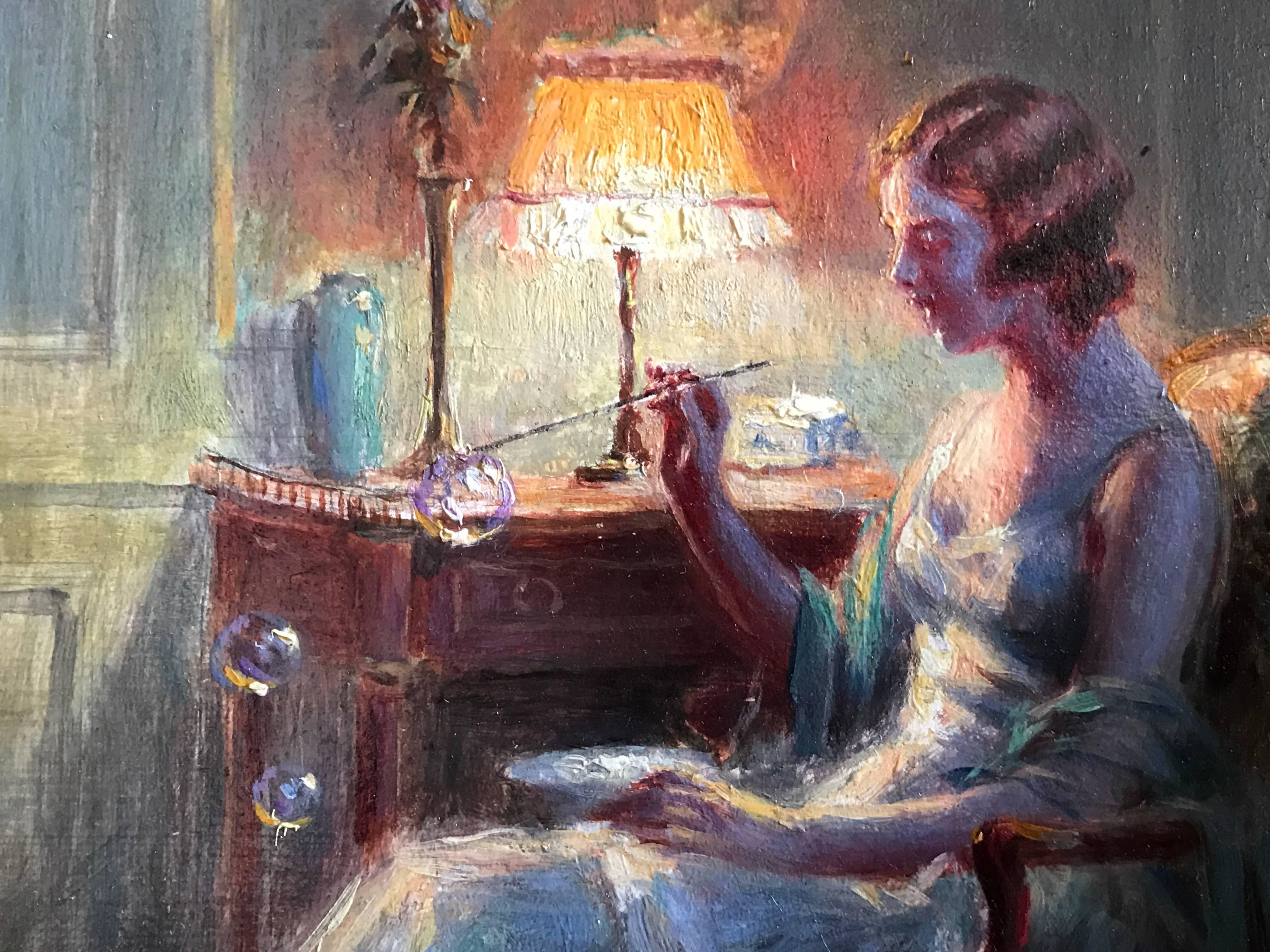 Signed Oil - Elegant Lady in Interior Blowing Bubbles 1